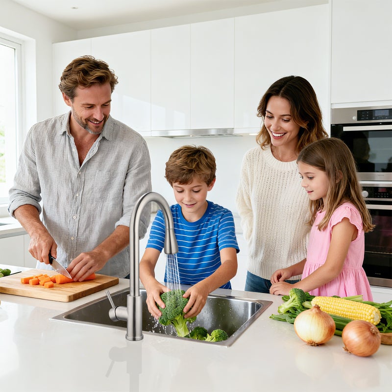 LOVHAUS Bateria Kuchenna z wyciąganą Wylewką, 3 Tryby Pracy, Wysoka Łukowa Bateria Kuchenna, Wysokociśnieniowa Bateria Kuchenna Obrotowa o 360°