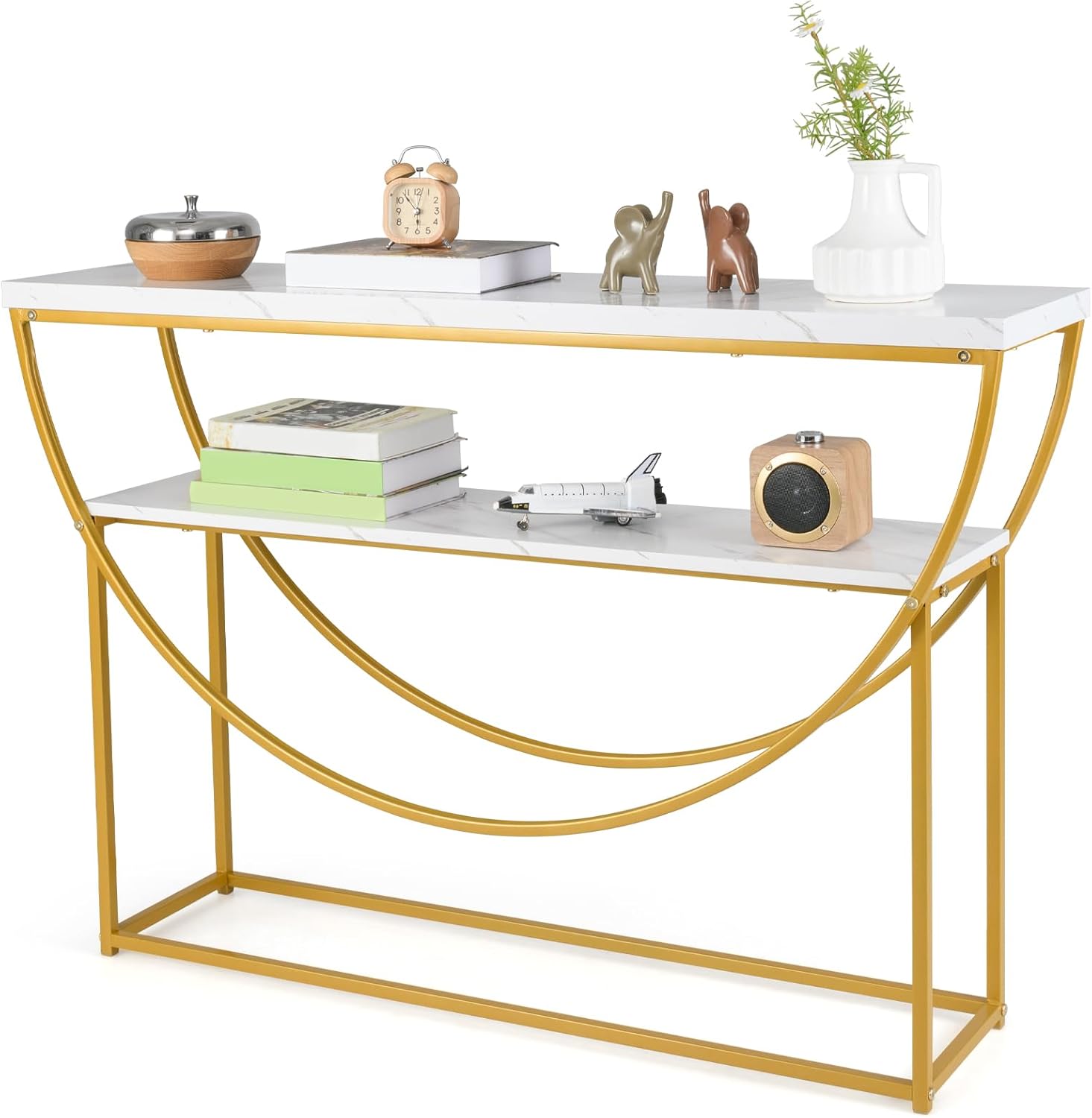 Stolik Konsolowy Dwupoziomowy, 120 x 30 x 80,5 cm, Imitacja Marmuru i Metalowa Rama, Wąski Stolik Pomocniczy do Przedpokoju, Korytarza i Salonu