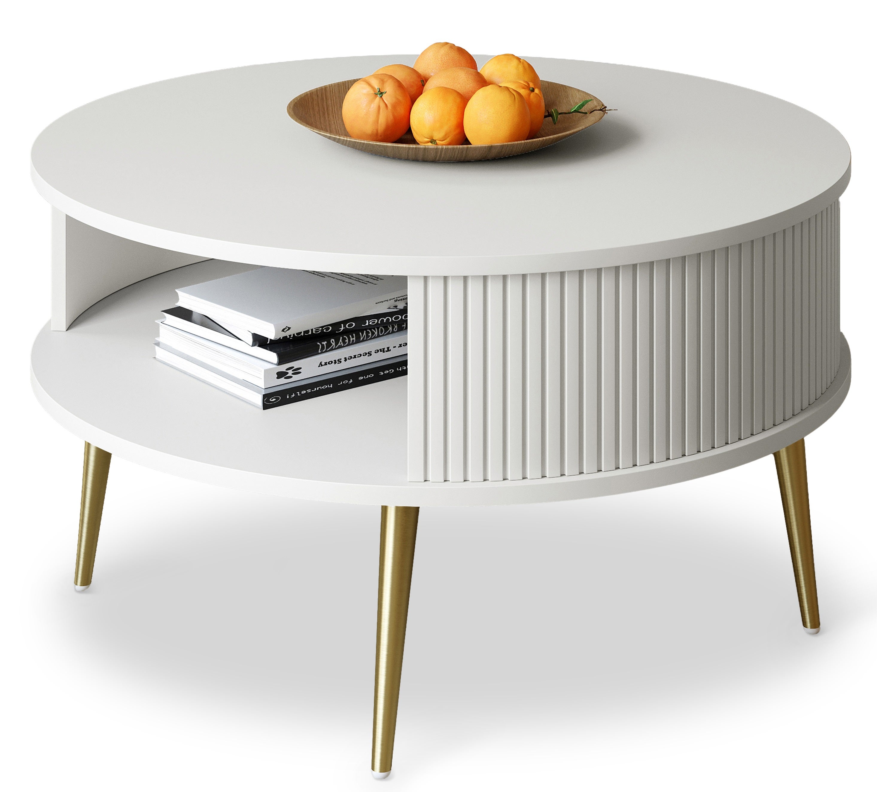 Stolik Kawowy Okrągły DO SALONU Biały Złote Nogi Lamele GLAMOUR 76cm