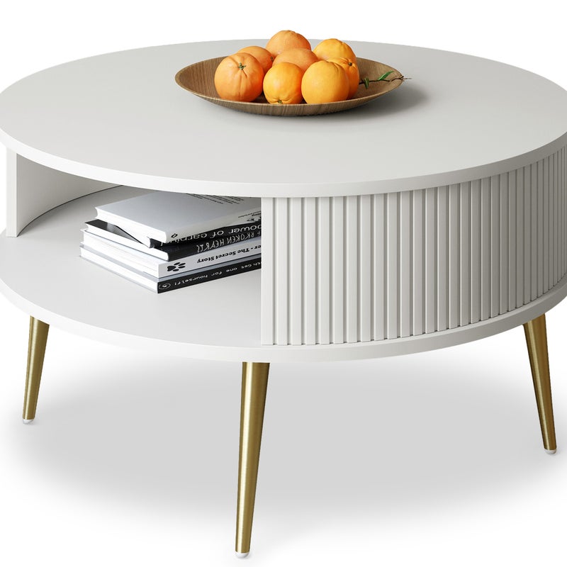 Stolik Kawowy Okrągły DO SALONU Biały Złote Nogi Lamele GLAMOUR 76cm