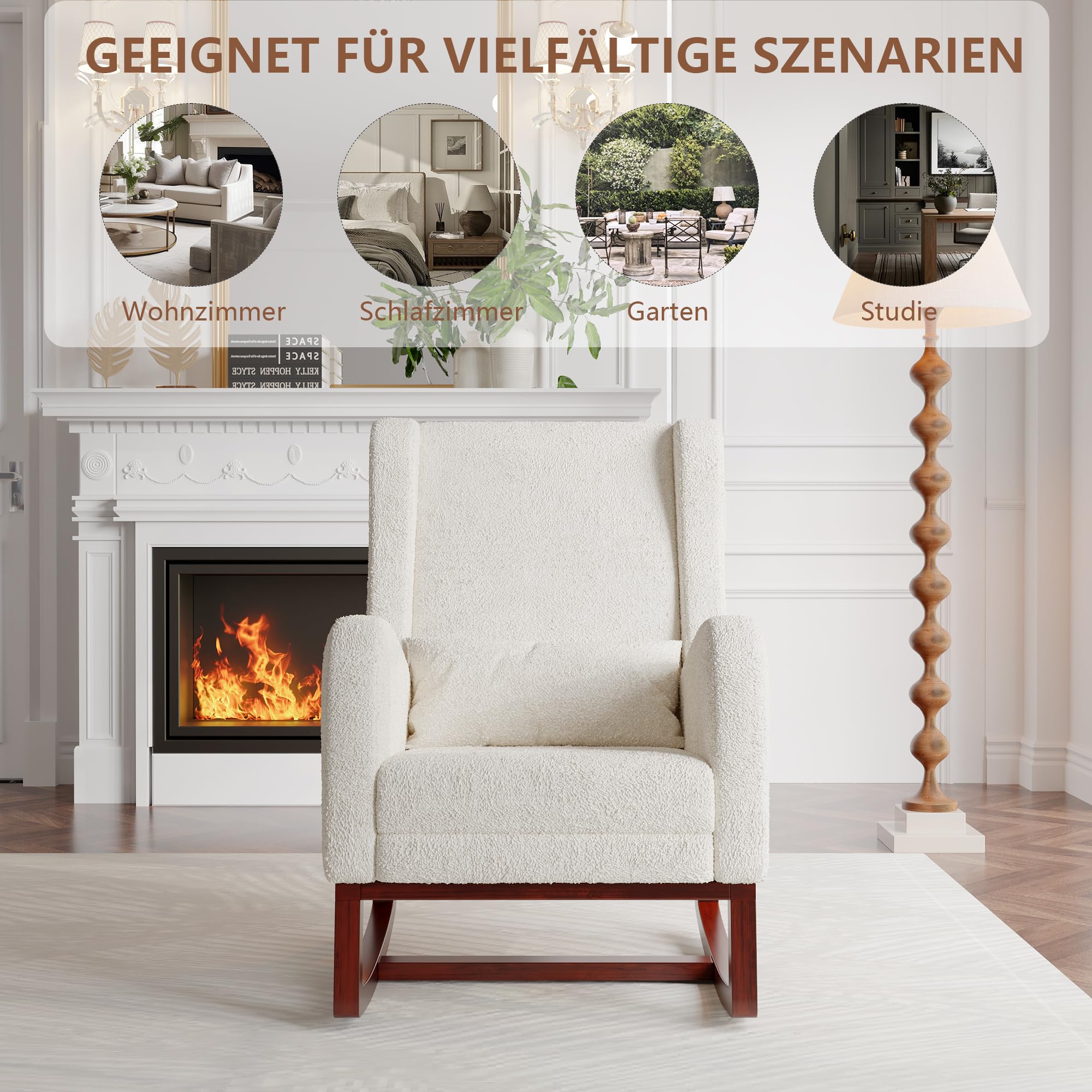 Fauteuil à Bascule Blanc, Rocking Chair, revêtement Bouclette, Fauteuil d'allaitement avec Repose-Pieds Coussin Lombaire Pieds en Bois Massif - 5