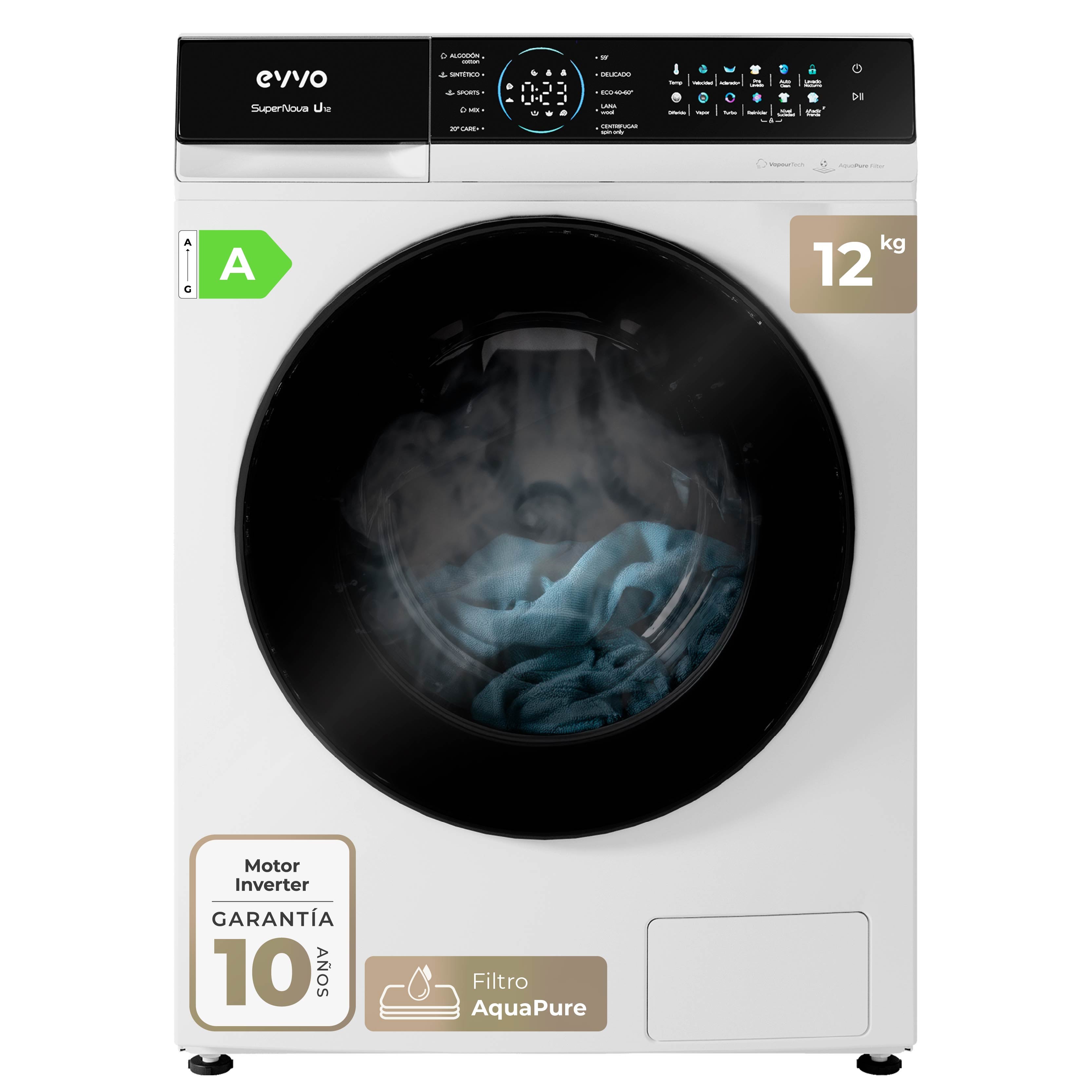 Lavadora Evvo Supernova U12 Carga Frontal 12 kg 1350 rpm A Blanca con filtro microplásticos - Imagen 3