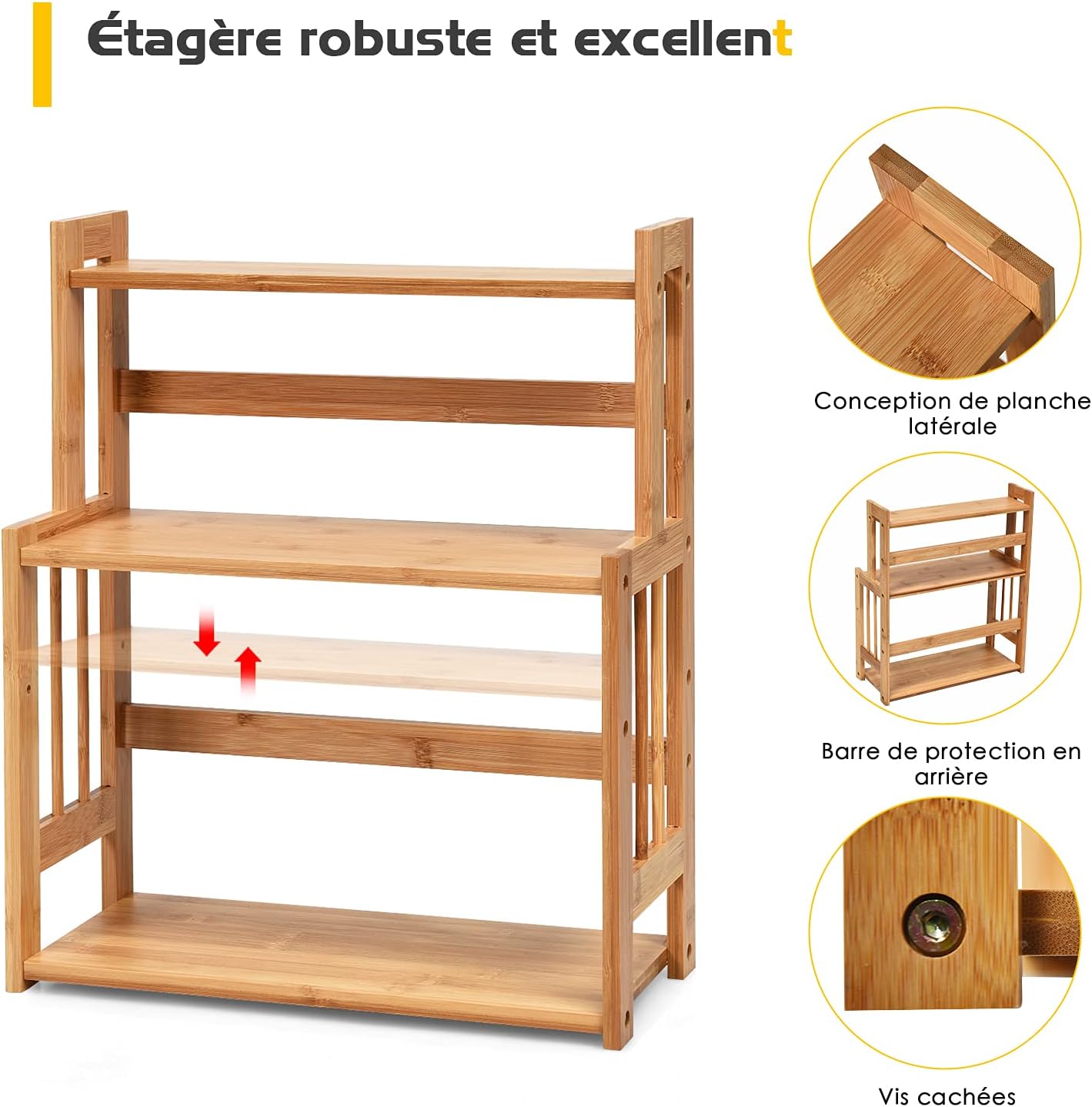 Étagère à Épices en Bambou Naturel, Porte-Épice à 3 Niveaux avec Tablette Réglable en Hauteur, Étagère de Rangement pour Cuisine, 41,5x18x50 CM - 3