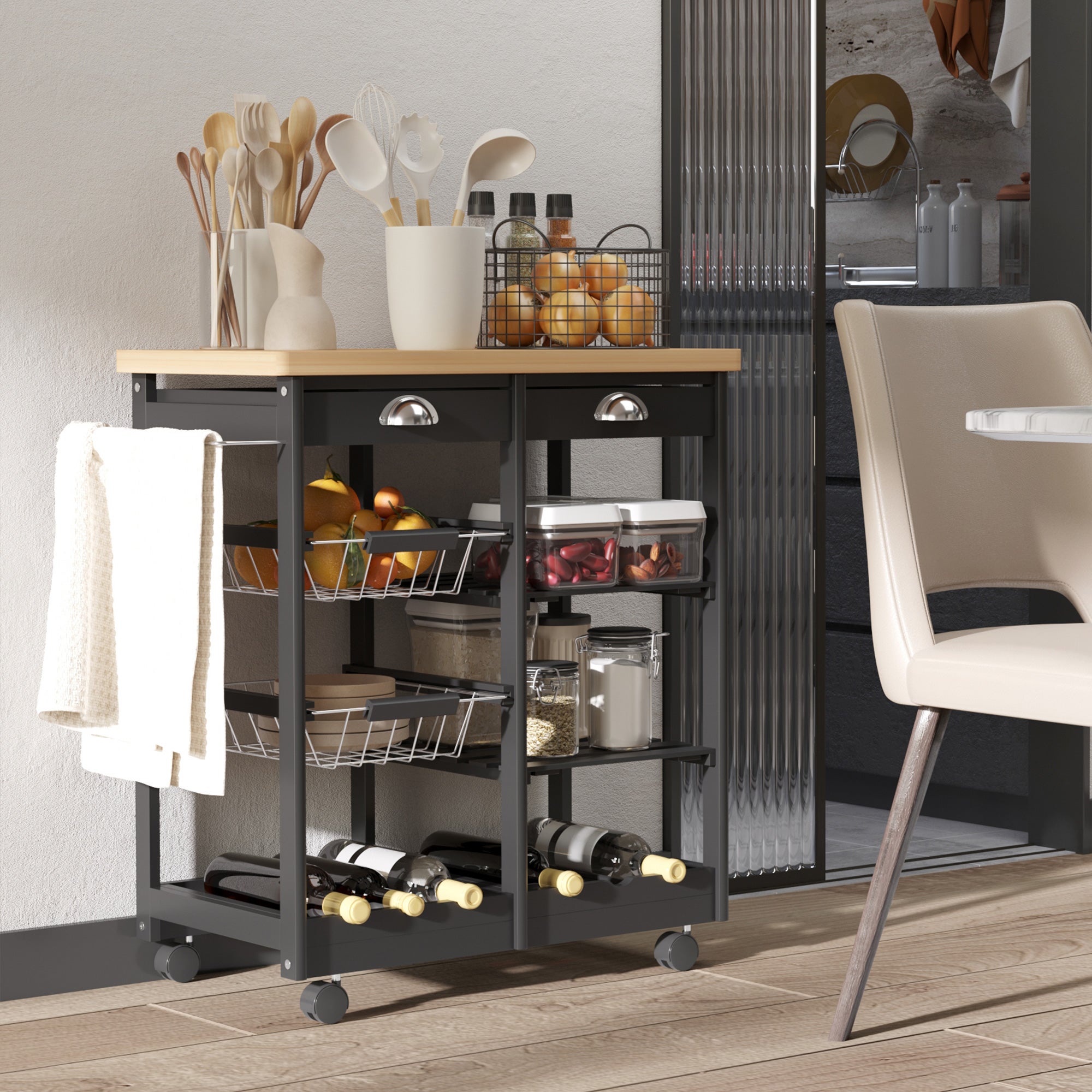 Homcom Carro De Cocina 74X37x76 Cm Madera Y Mdf Negro , Leroy Merlin