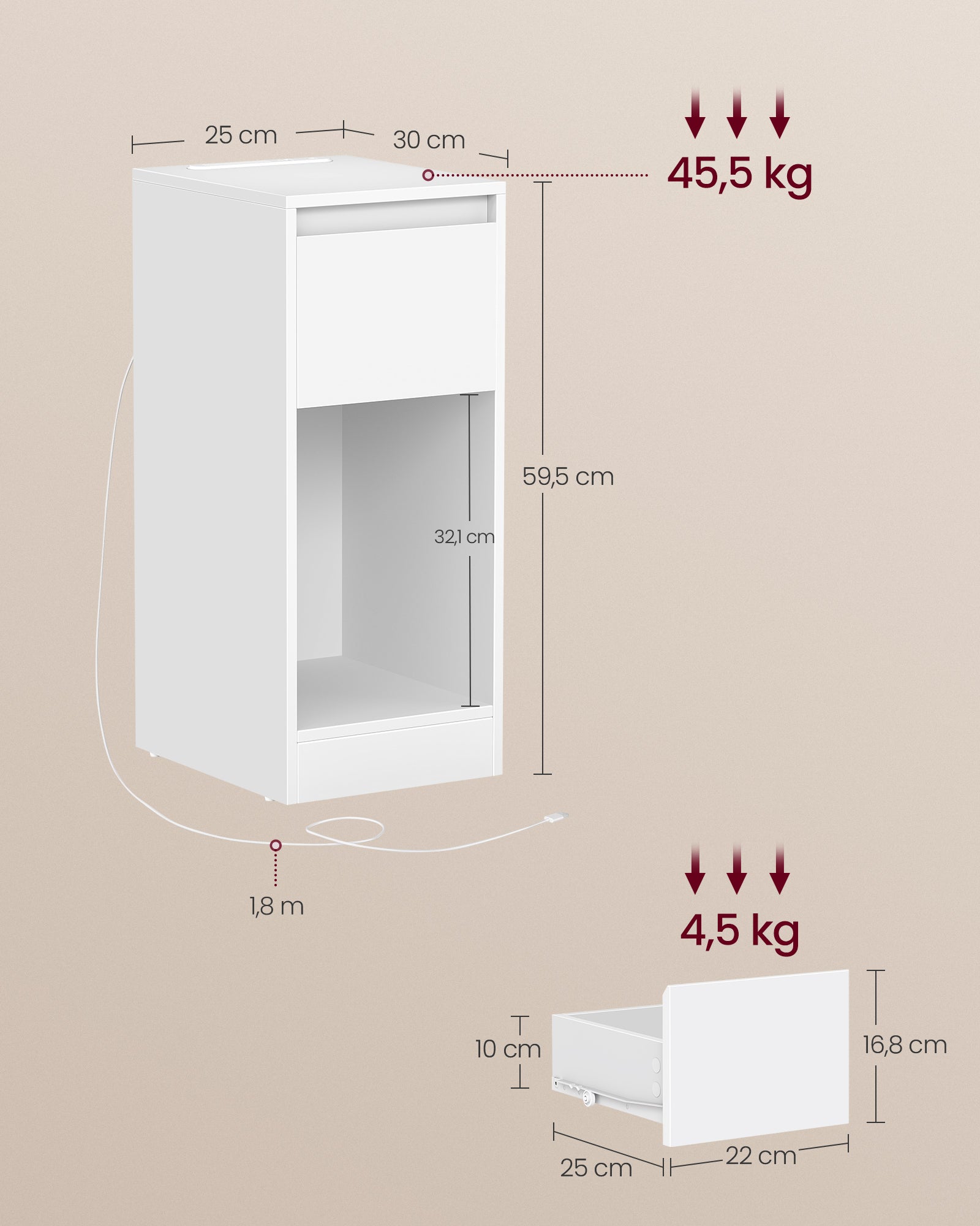 Juego de 2 Mesitas de Noche Estrechas, con LED, USB-A y USB-C, Cajón y Compartimento, Blanco - 6