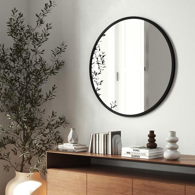 Espejo de pared circular de Ø80 cm y 3 mm de vidrio con marco de aluminio y ganchos de fijación incluidos, negro TECTAKE