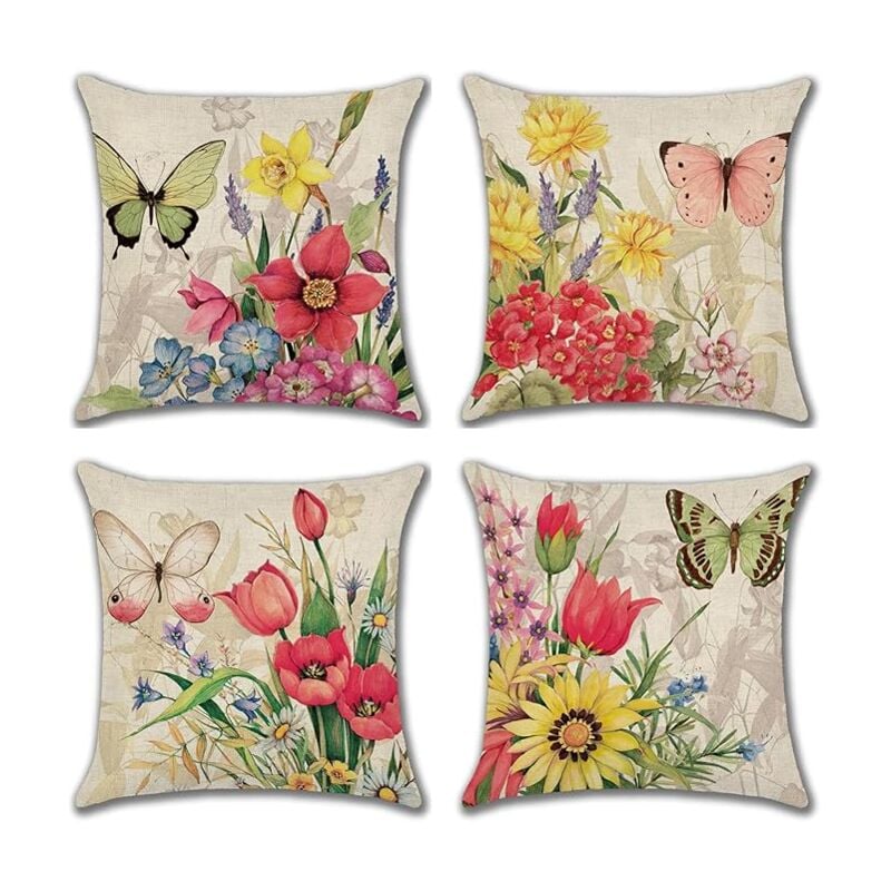 45 x 45 cm, set di 4 federe per cuscini in lino, decorazione floreale con uccelli della vita per divano, giardino, letto, poltrona, auto