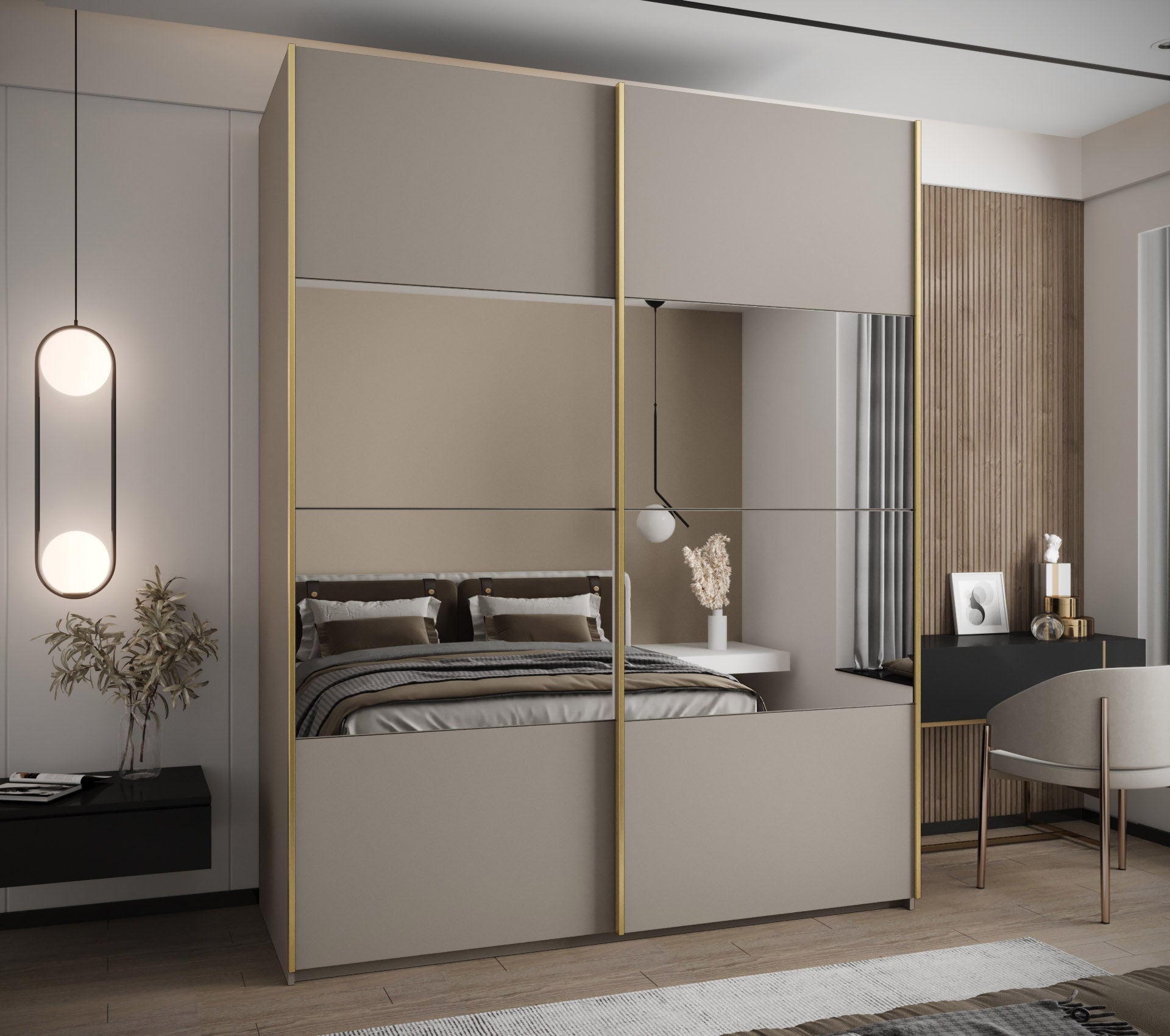 Szafa przesuwna wysoka Lux 4 200 x 64 x 245,5 cm kaszmir + kaszmir + u. złoty - Abiks Meble - 2