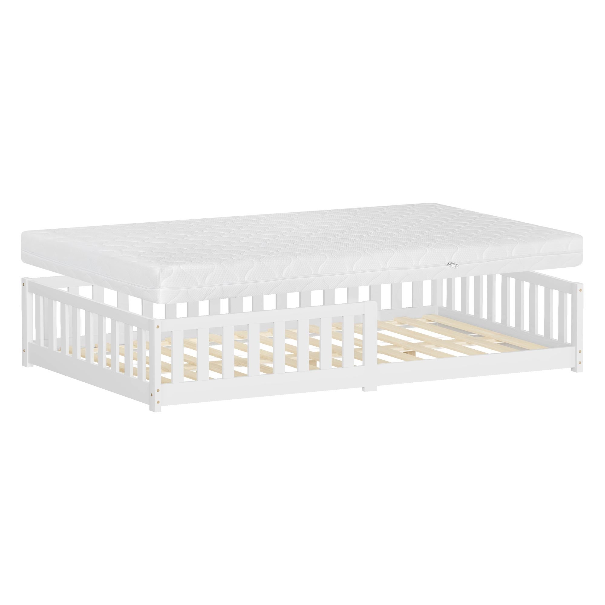 ML-Design łóżko dziecięce montessori 120x200 cm biały H:16 cm podlogowe z materacem solidnym stelazem i zabezpieczeniem lite drewno sosnowe
