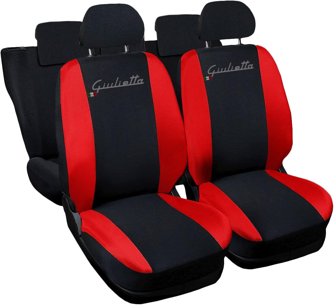 Set Coprisedili Auto Per Nissan Juke - 12 Pezzi, Nero/Rosso, Con Logo Ricamato, Made In Italy