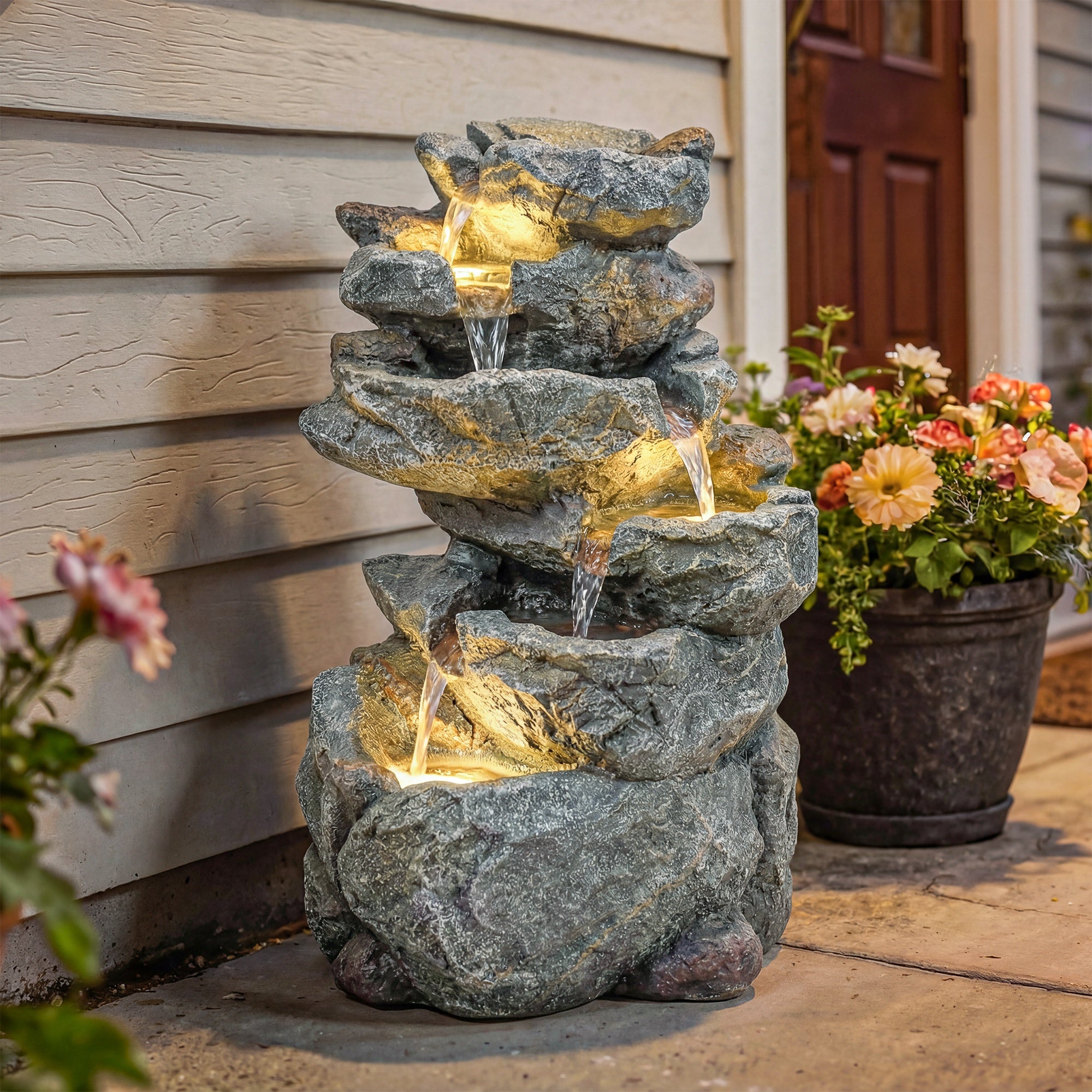 Fontaine jardin cascade 6 niveaux décoration zen résine pierre naturelle 33x27x53 cm gris - 4
