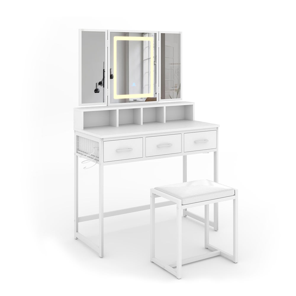 Vicco Toaletka Mavida, Biały, 90 cm z lustrem LED i taboretem
