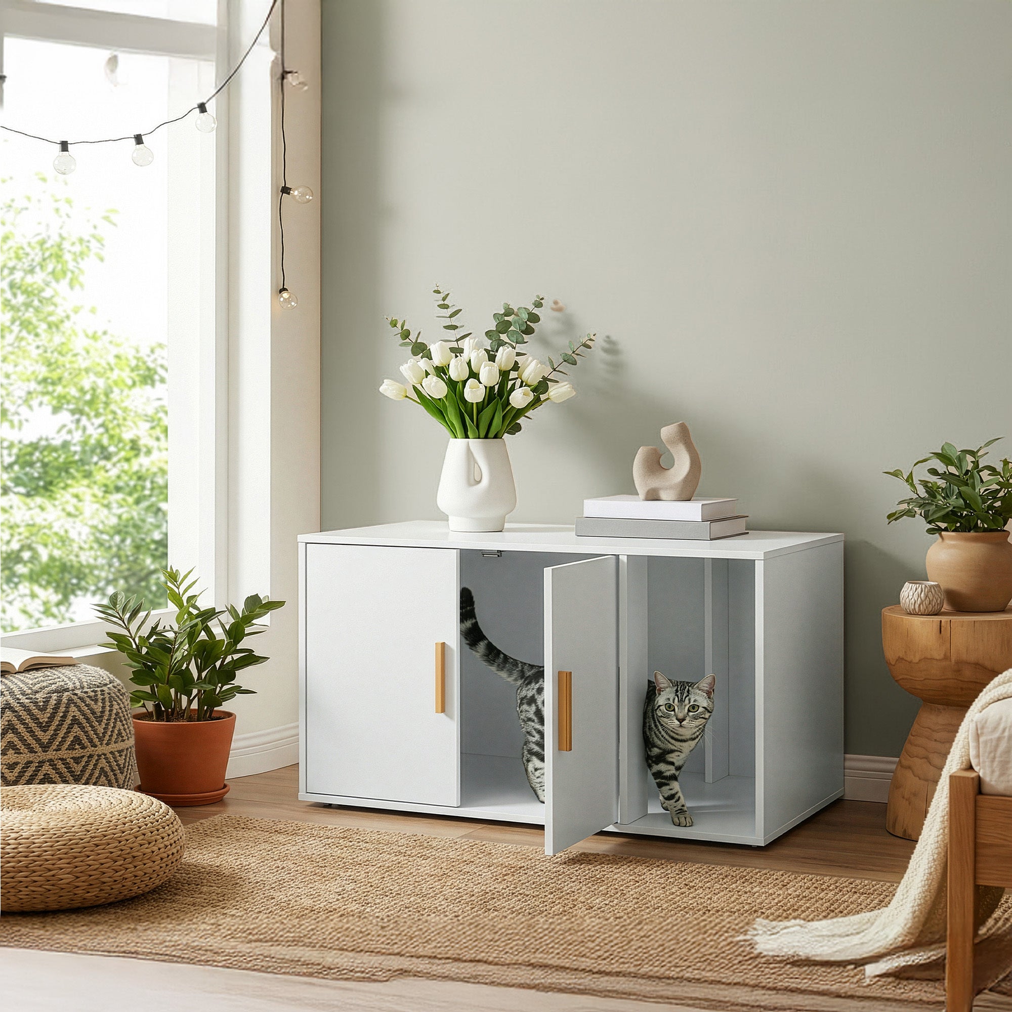 Maison pour Chat à Double Porte, Armoire Cache-Litière, Table d’Appoint, Entrée Frontale, 80 x 50 x 45 cm, Blanc - 2