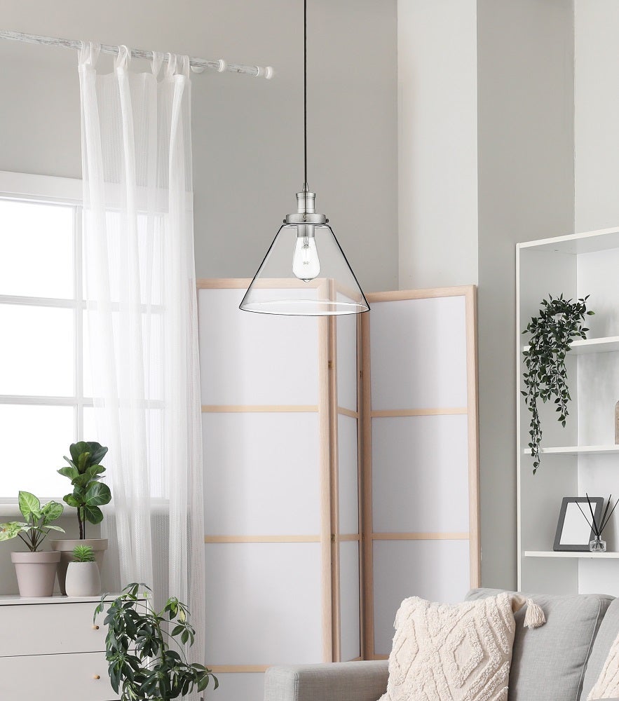 Suspension PYRAMID 1L métal argent satiné et abatjour verre transparent E27 max 60w diamètre 29cm - 6
