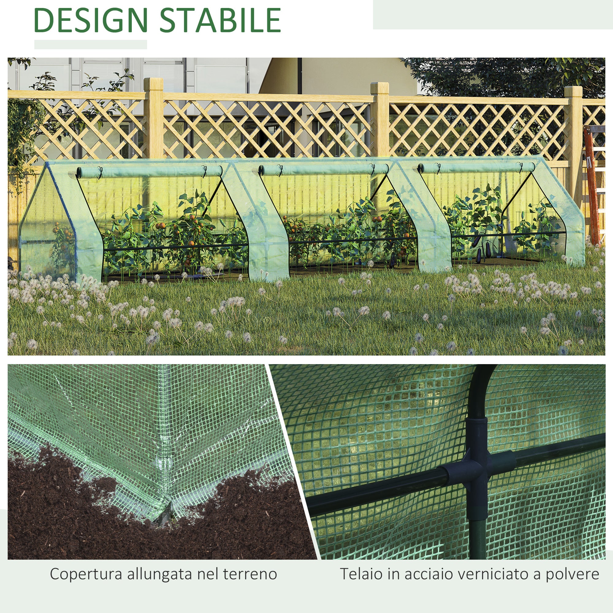 Mini serre de jardin en acier vert et polyéthylène avec 3 fenêtres rétractables, 400 x 100 x 80 cm - 7