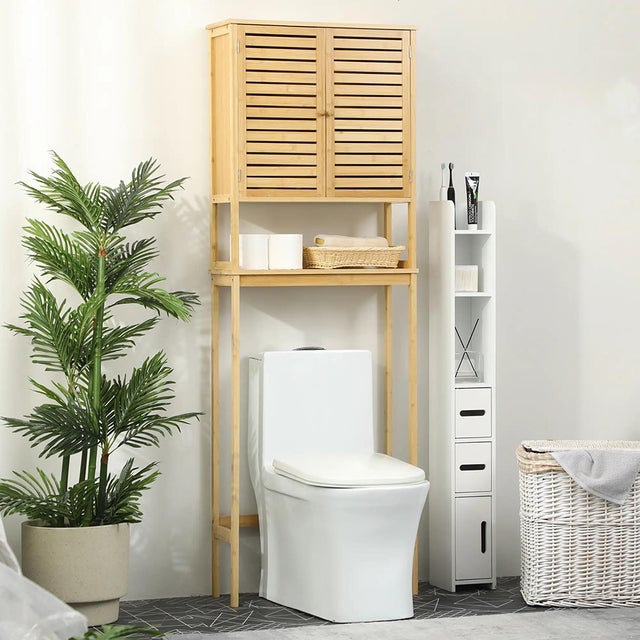 Meuble WC Juliette 3 Portes En Lattes Bois Chêne - 2 Tiroirs, 2 étagères, Compact (15.2x33x136 Cm)
