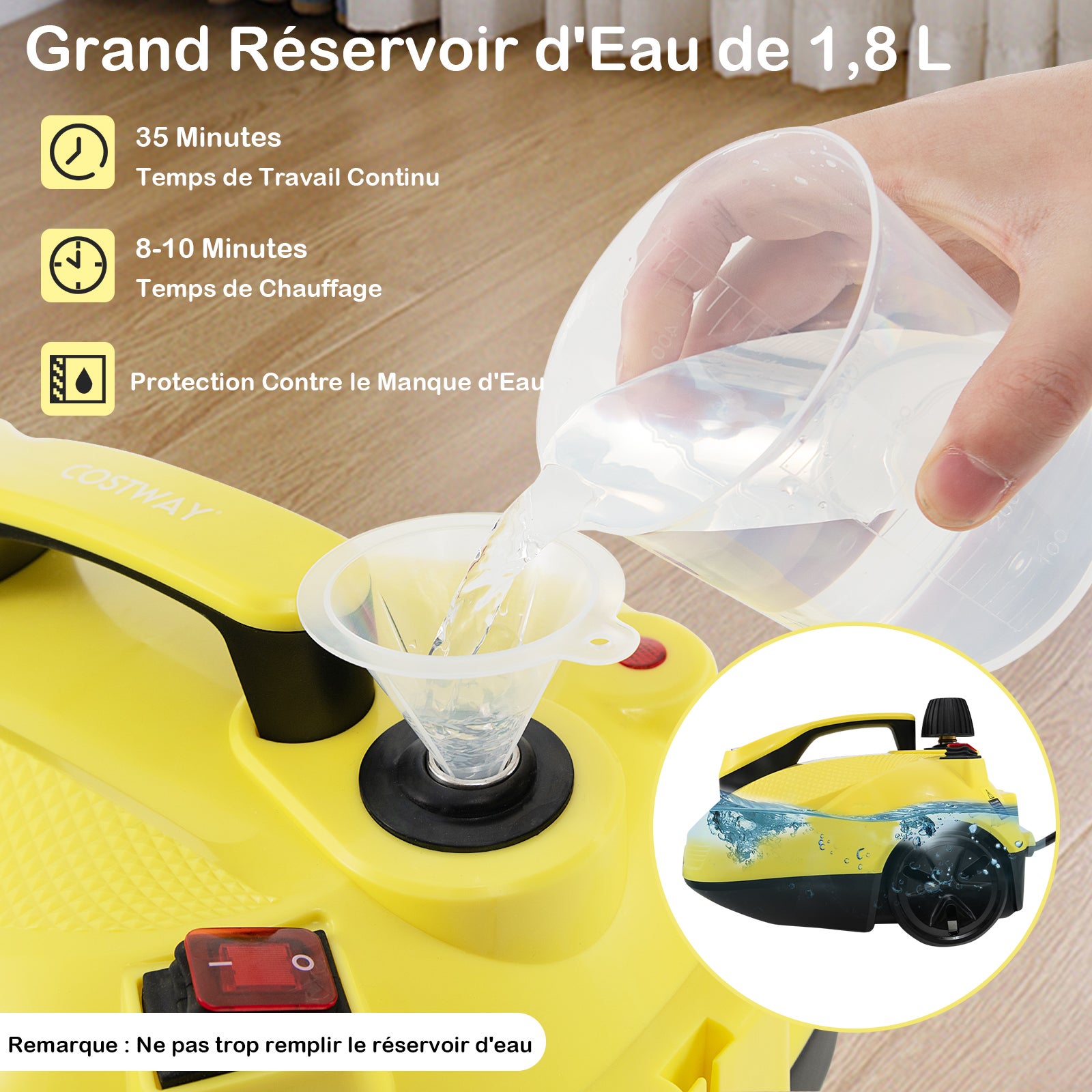 Limpador a vapor com conjunto de 15 acessórios, vaporizador com reservatório de 1,9 L, rodas e bloqueio de segurança, (amarelo) - 4