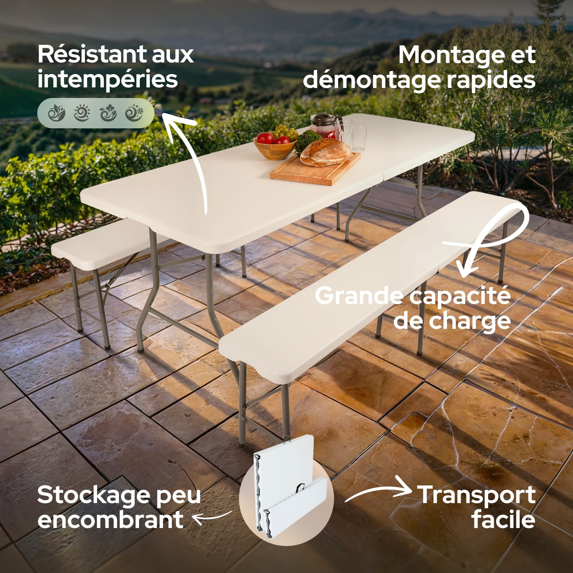 Set de Table et Bancs - 3-pièces Set de Table + 2 x Banc Set de Table de fête pour l'intérieur - l'extérieur Set de Table de bière Blanc - 3