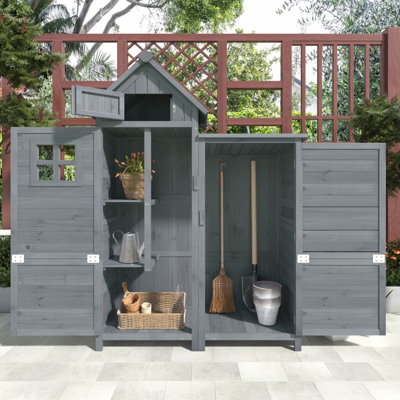 Lite drewniane meble ogrodowe z dachem spadzistym z PCV – 2 półki, 3 drzwi zamykane na zatrzask – 118 x 54 x 173 cm – szary