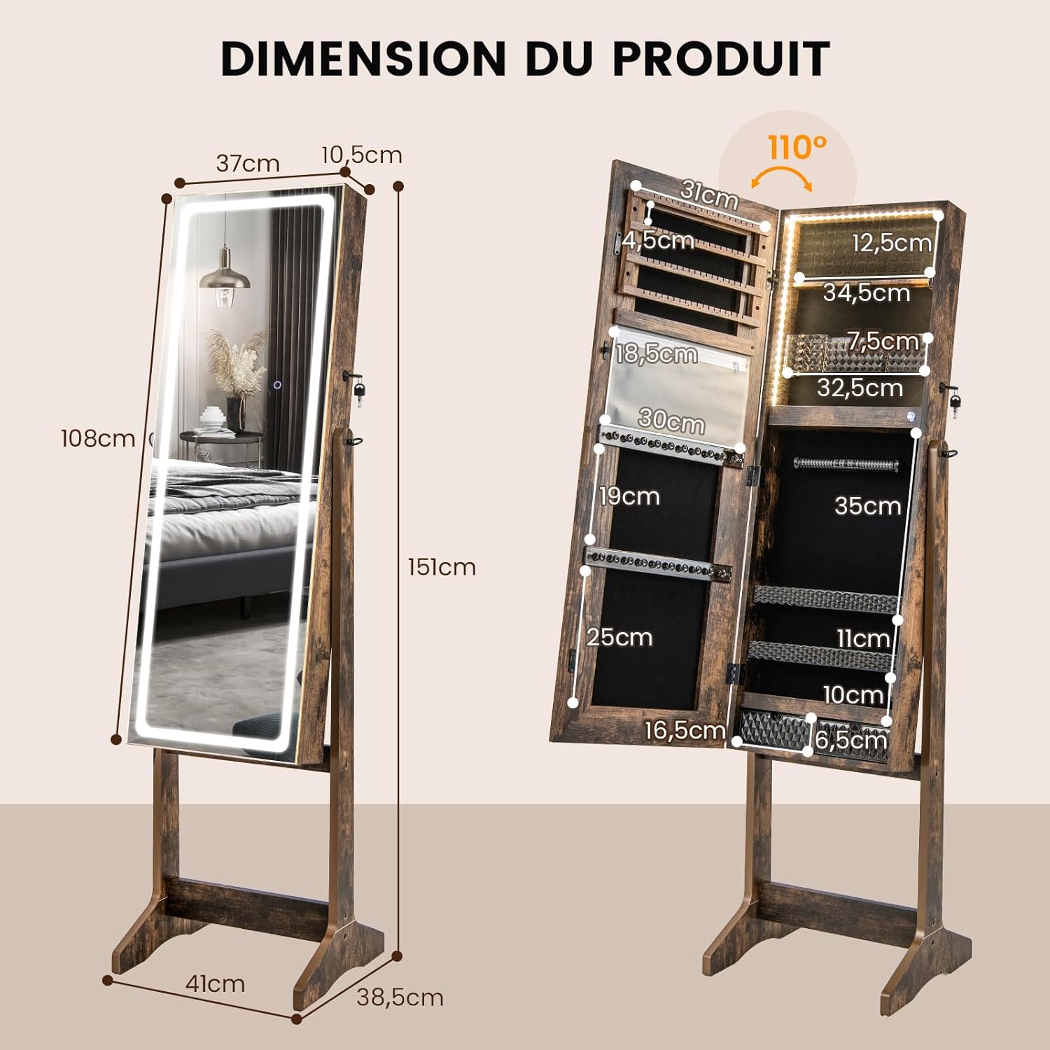 Armoire à Bijoux avec Miroir sur Pieds,Grand Miroir Psyché Sans Cadre avec Éclairage LED 3 Couleurs, avec 3 Angles Ajustables(Marron Rustique) - 3
