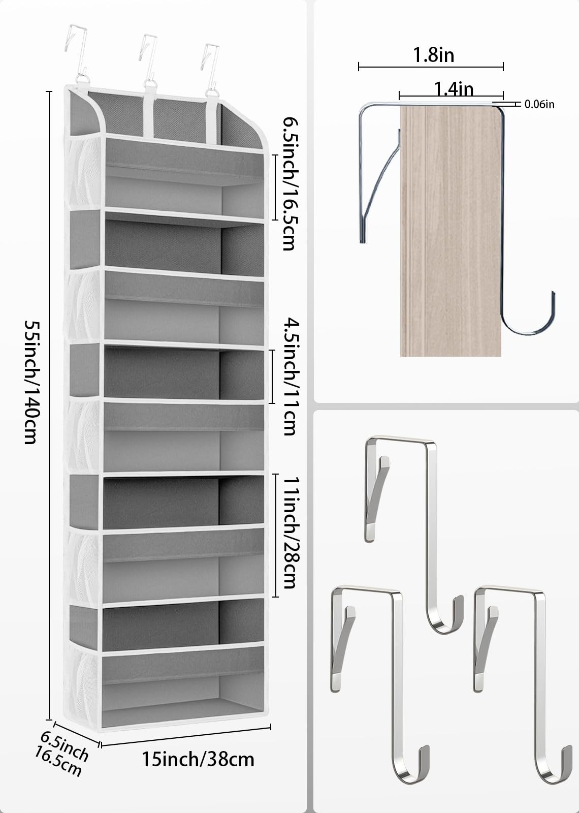 Étagère de rangement suspendue derrière la porte avec 5 poches, organiseur de porte épais en non-tissé,étagère suspendue pour salle de bain,gris clair - 3