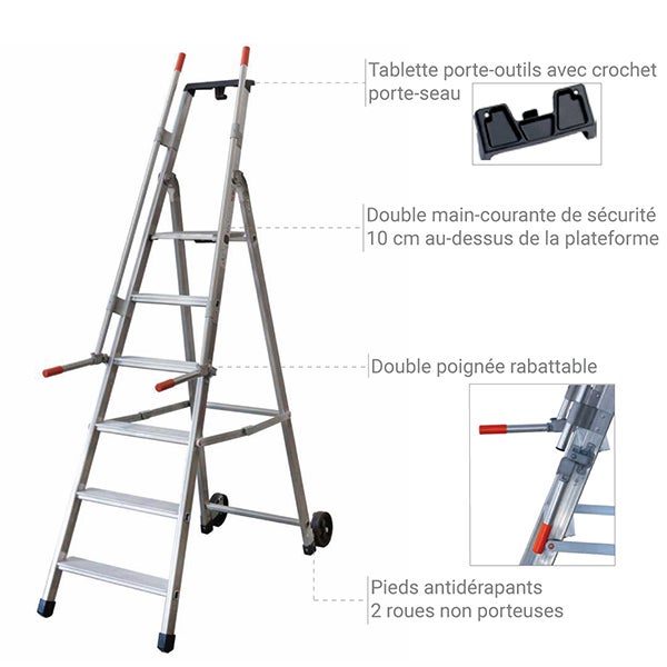 Escabeau roulant 6 marches - Hauteur de travail max. 3,36m - Largeur 0.53m - 2 poignées rabattables - QM-6 - 3