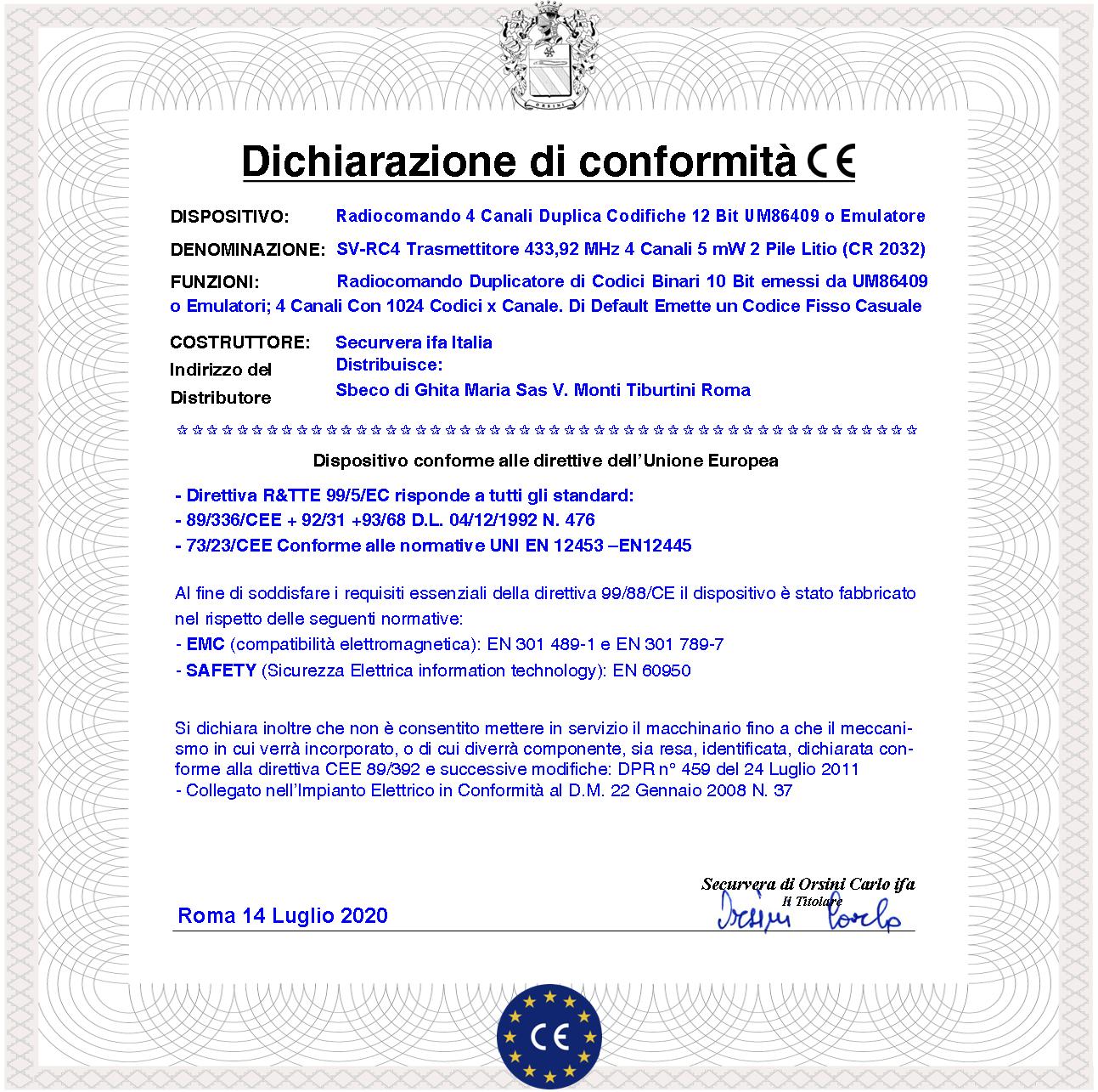 Telecomando 2 Canali 2 Pezzi Freq. 433,92 MHz Potenza 5 mW Portata Aria Libera 60/100 MT Codice di Sicurezza 10 Bit Selezione da 2 Pulsanti Duplica i - 4