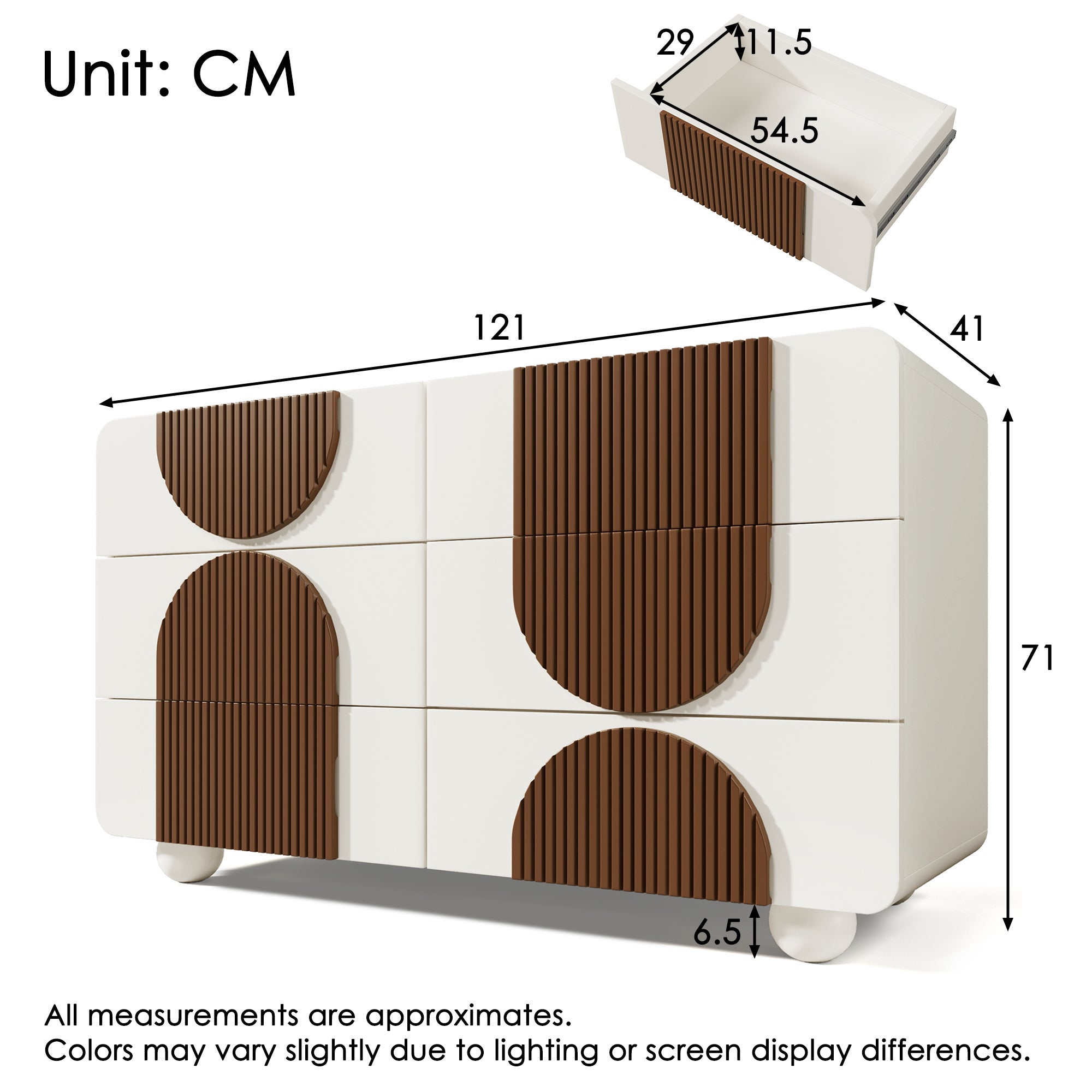 Buffet moderne 121x41x71cm - avec 6 tiroirs coulissants silencieux - conception géométrique - avec des lattes en bois marron chocolat - Blanc + Marron - 6