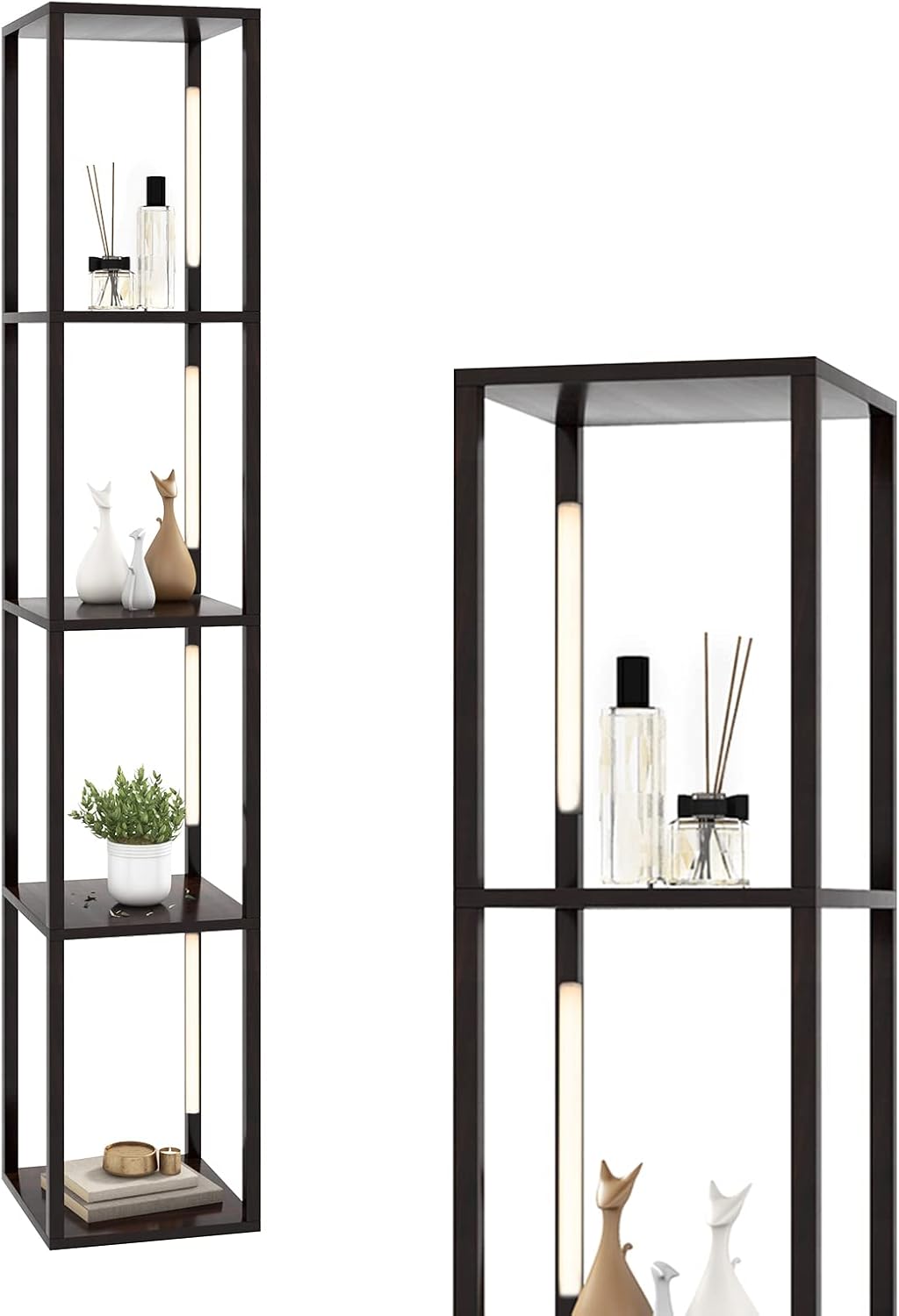 Lampa Stojąca z Regałami 163 cm, Nowoczesna Lampa Stojąca do Salonu, Regulowana Jasność, Obrotowe Słupki LED, Włącznik u Podstawy (Styl 1-Orzech)