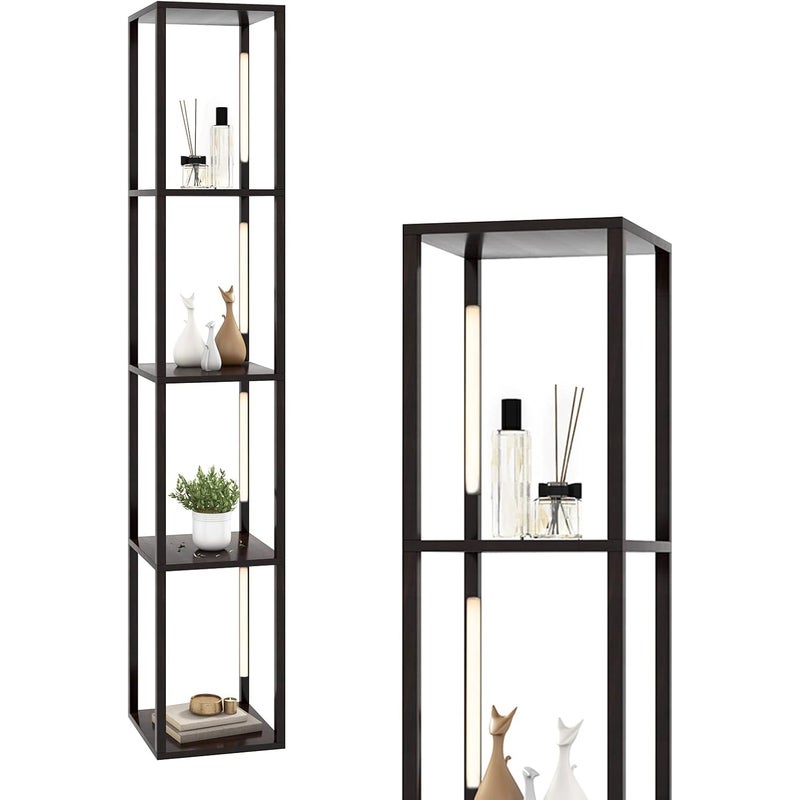 Lampa Stojąca z Regałami 163 cm, Nowoczesna Lampa Stojąca do Salonu, Regulowana Jasność, Obrotowe Słupki LED, Włącznik u Podstawy (Styl 1-Orzech)