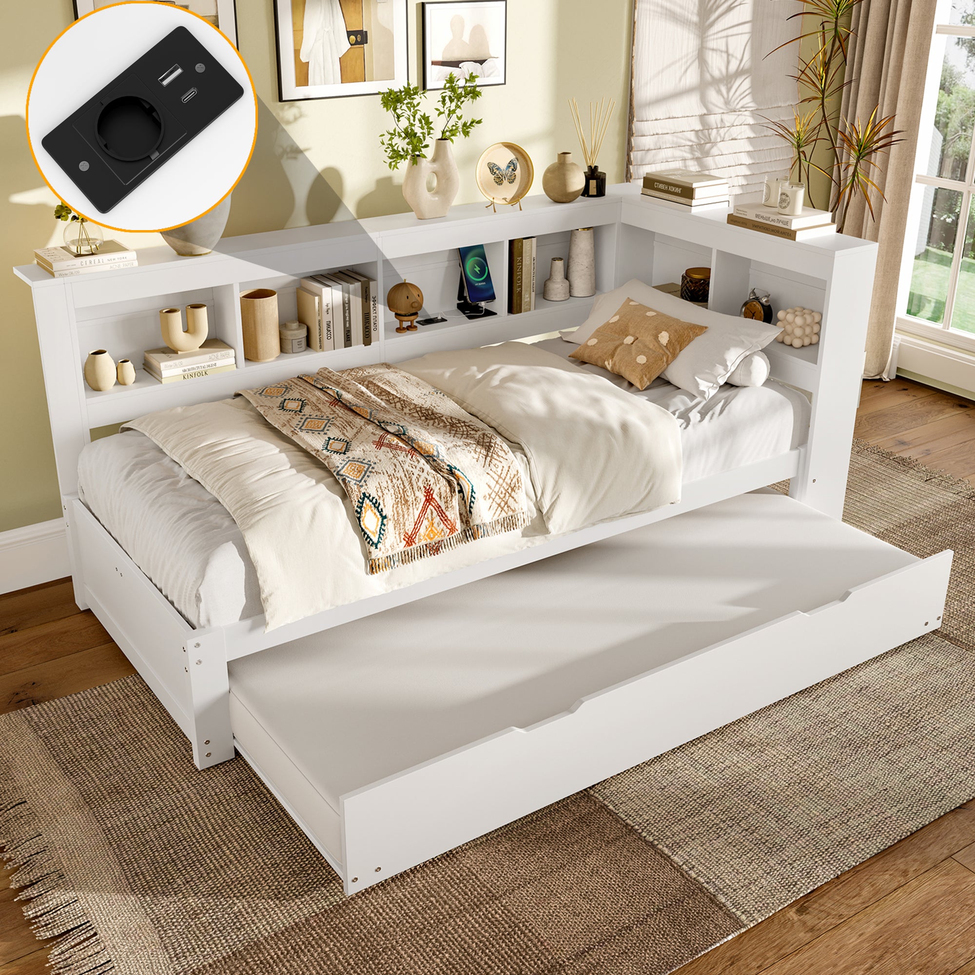 Łóżko wysuwane 90 x 200 cm + 90 x 190 cm z przegródkami - Sosna + MDF + sklejka - Gniazda ładowania i USB - Białe (bez materaca)