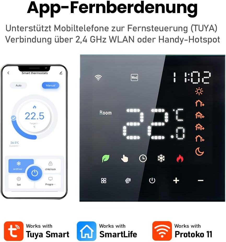 Thermostat de radiateur électrique intelligent noir, thermostat programmable Wi-Fi, montage mural, 16 A, télécommande Tuya - 4