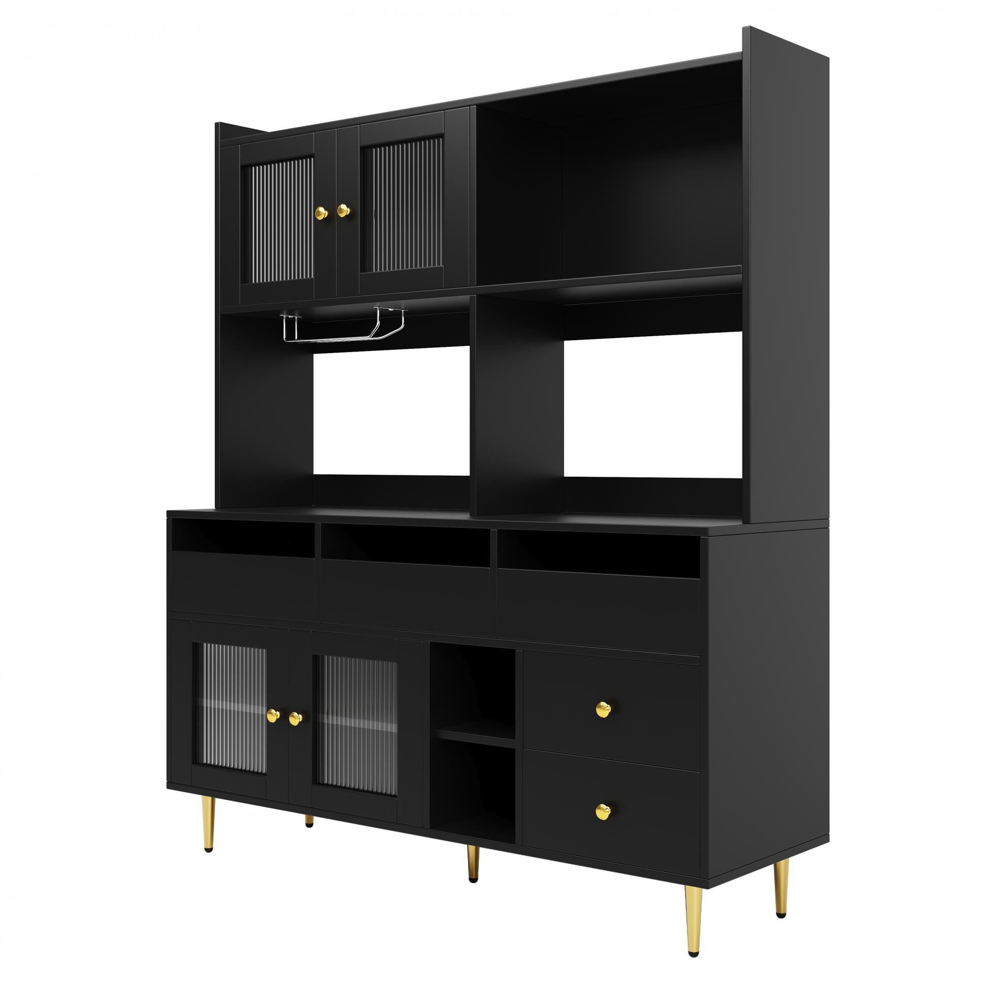 Buffet haut de salle à manger avec portes en verre dépoli, range-verres et espaces de rangement – Noir avec détails dorés – 145×39×171 cm - 8
