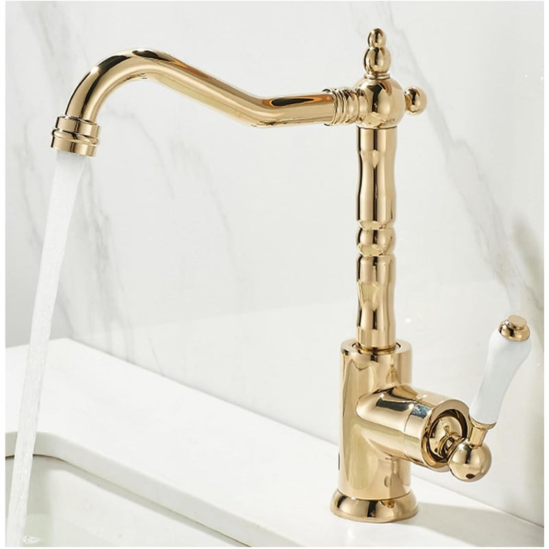 Kran kuchenny w stylu retro, mosiężny kran mieszający do umywalki, obrotowy kran do umywalki łazienkowej z jednym uchwytem, złoty