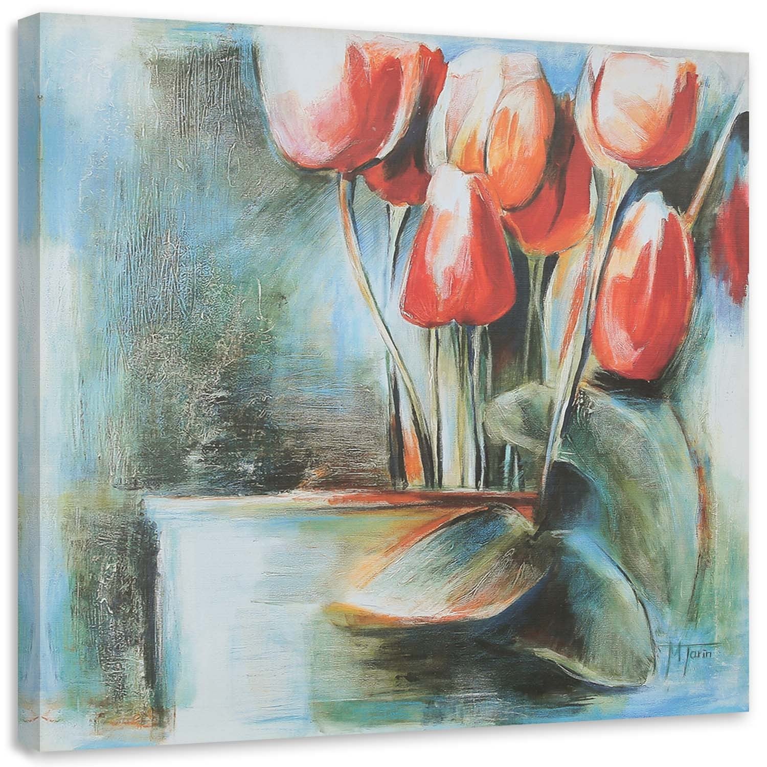 Obraz na płótnie, Czerwone tulipany w wazonie 40x40
