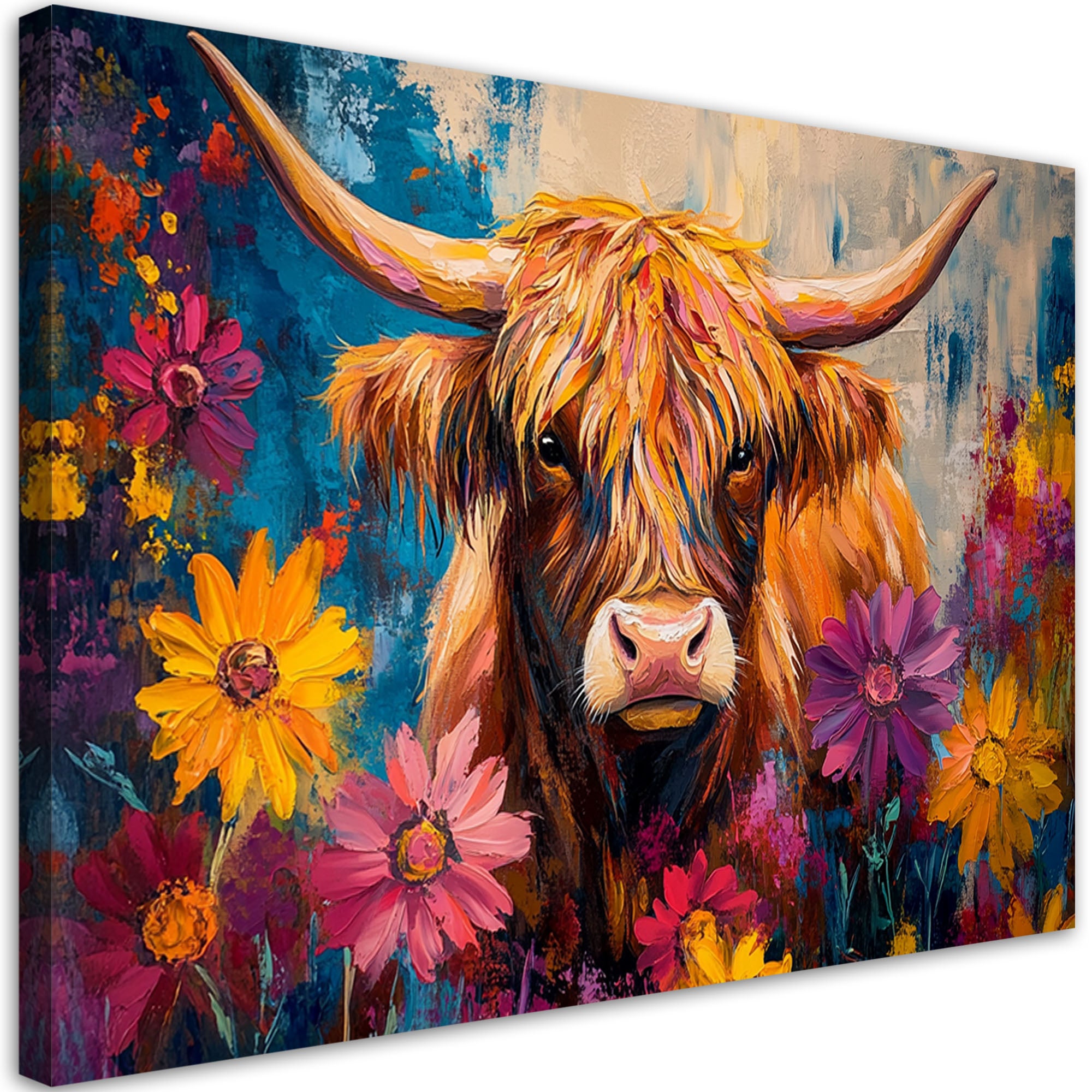 Obraz na płótnie, Szkocka Krowa Kwiaty Malowana 90x60