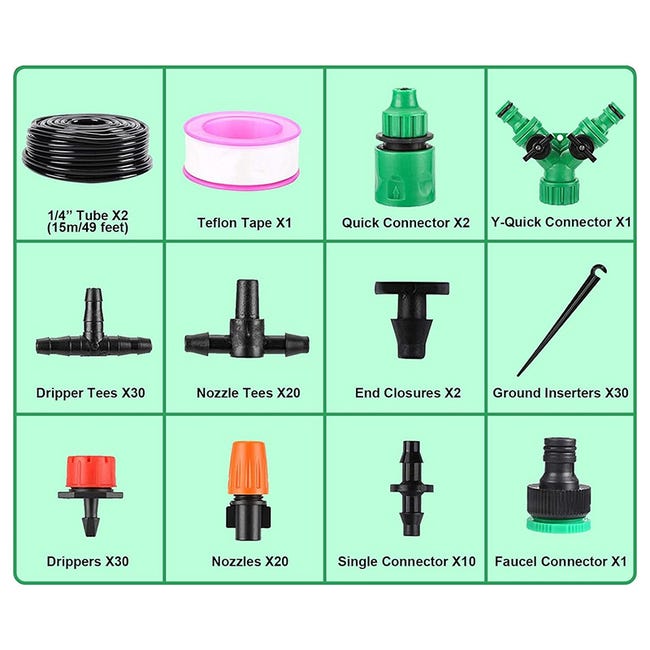 Kit di sistema di irrigazione a goccia da 30 m + 183 pezzi, sistema automatico di irrigazione da giardino per serre, cortile, prato, piante con tubo di distribuzione da 1/4 (30 m Kit di sistema di irrigazione a goccia da 30 m + 183 pezzi, sistema automatico di irrigazione da giardino per serre, cortile, prato, piante con tubo di distribuzione da 1/4 (30 m