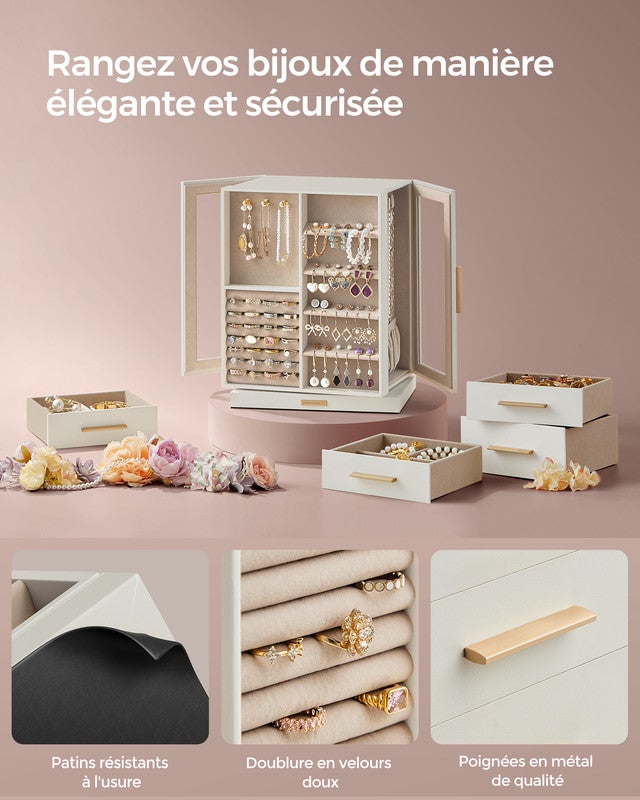 Boîte à Bijoux Pivotante sur 360°, avec 5 Tiroirs, Fenêtres en Verre Latérales, Grand, Rangement pour Accessoires, Design Ouvert, Blanc Nuage - 5