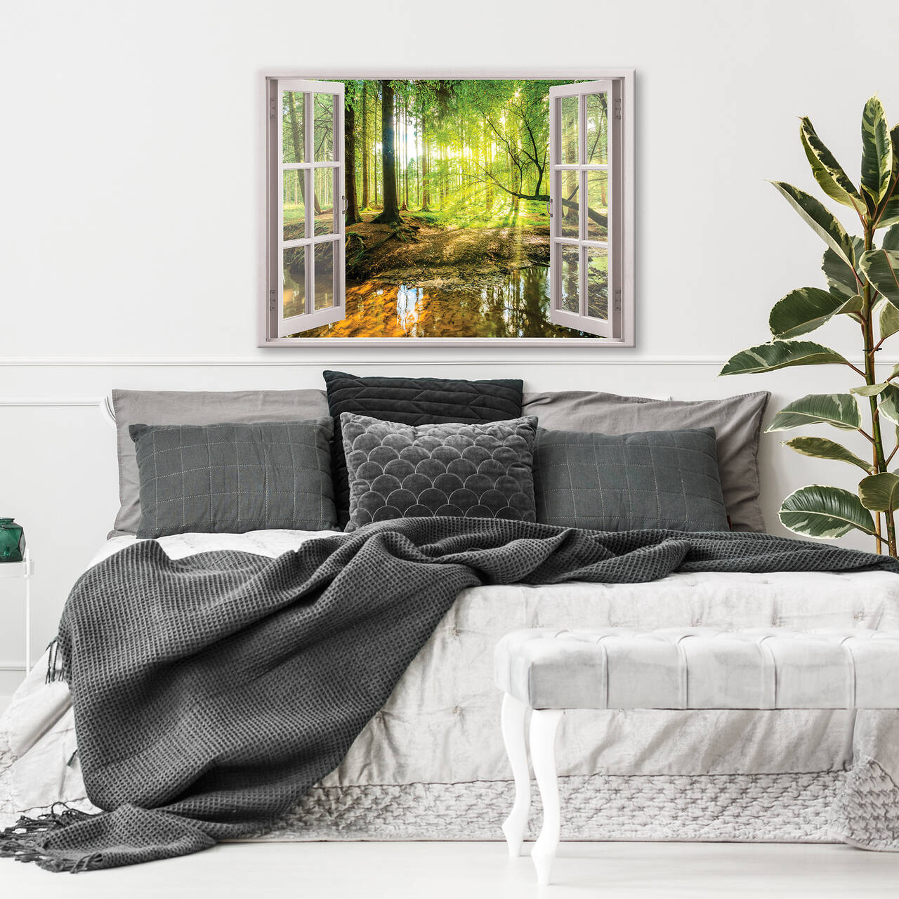 Impression sur Toile Fenêtre Forêt Ensoleillé Nature Moderne 80x60 cm XXL Tableau Décoration Murale Intissée pour Salon Chambre pret a accroche - 2