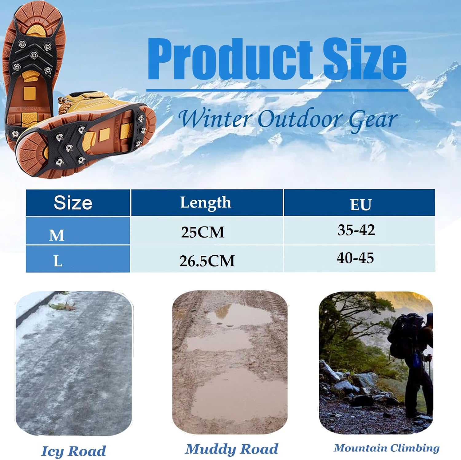KINZON Crampons 24 Dents Antidérapants pour Chaussures et Bottes – Grips Neige et Glace en Acier Inoxydable pour Randonnée, Escalade, Alpinisme, Marche Hivernale