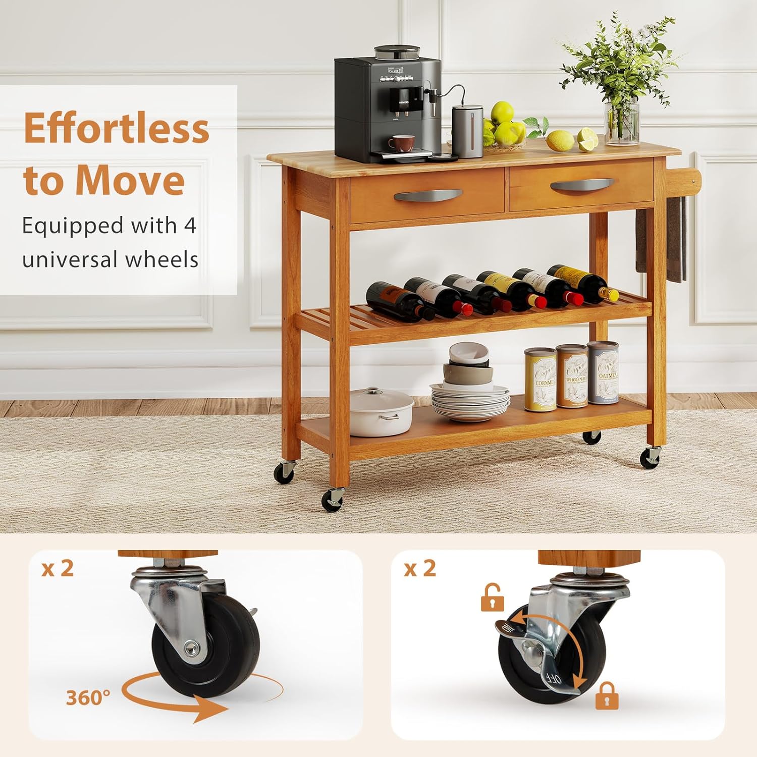 Carrello da cucina con ruote, carrello di servizio, piano di lavoro in legno di caucciù, 2 cassetti, 2 ripiani, isola cucina (Naturale) - 5