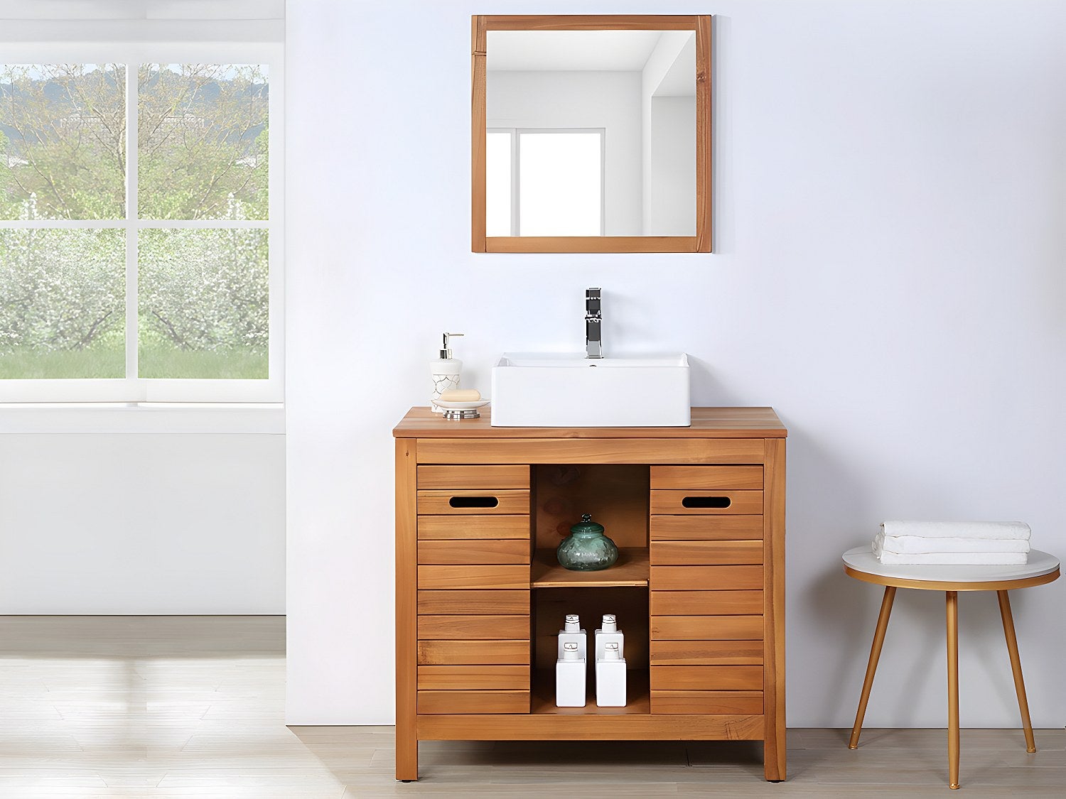 Szafka łazienkowa z drewna akacjowego z pojedynczą umywalką i lustrem - 90 cm - PULUKAN