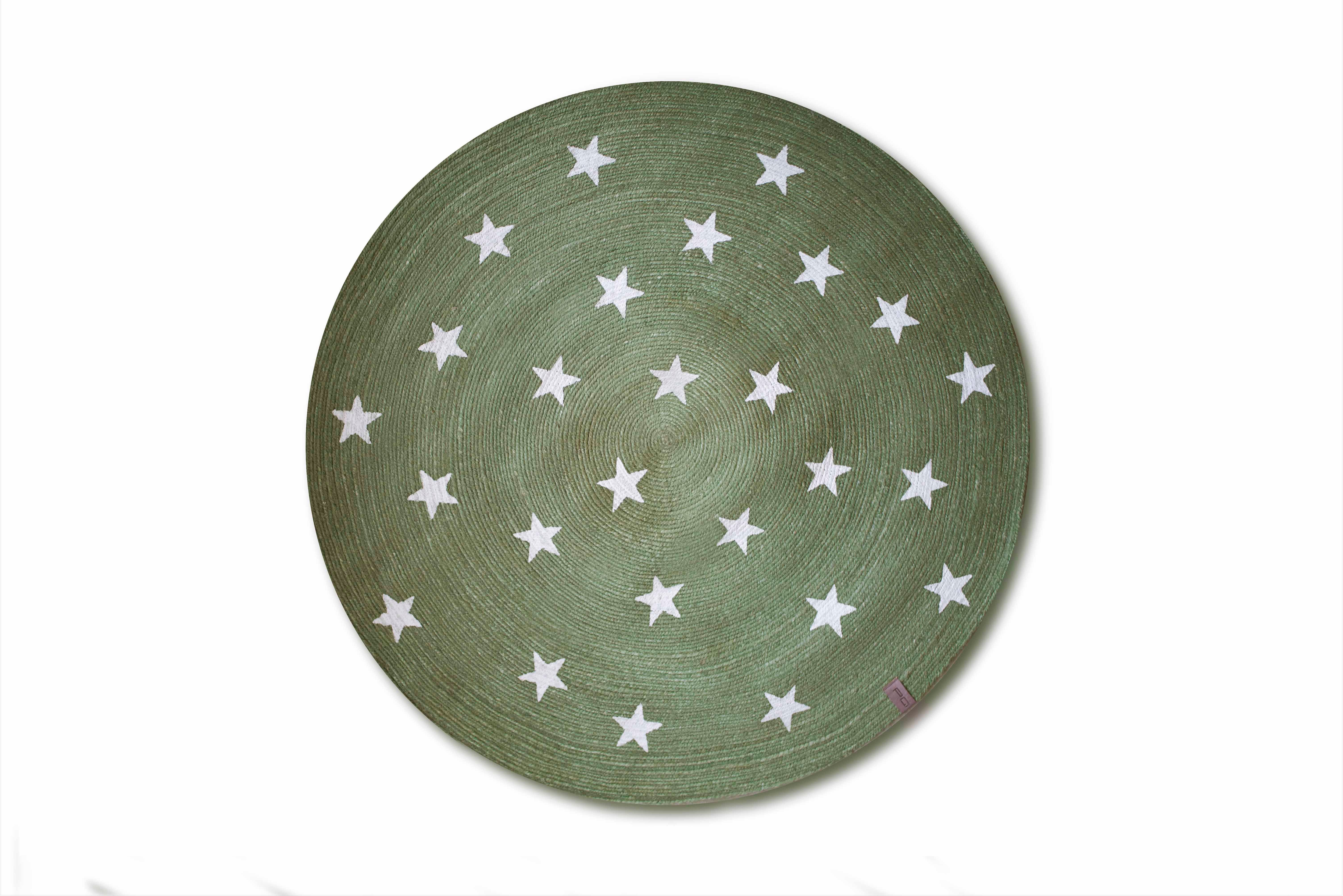 Okrągły Dywan Ø140 cm Ręcznie Robiony – Styl Vintage Zielony z Gwiazdkami, Idealny do Pokoju Dziecięcego