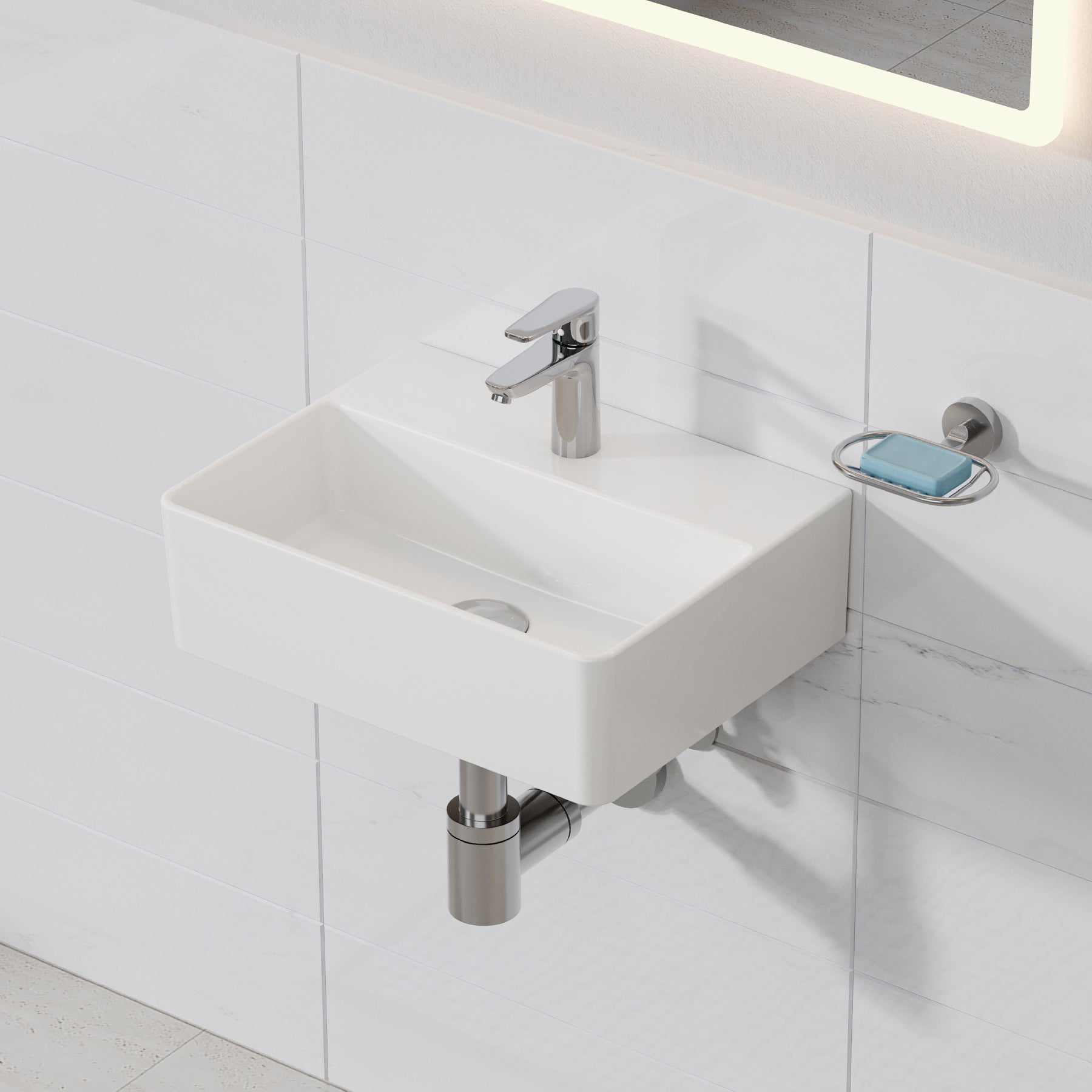 HOROW Lavabo sospeso in ceramica, rettangolare, con foro per rubinette, senza foro di troppo pienoo, per piccoli bagni per gli ospiti 39 x 30 cm - 9