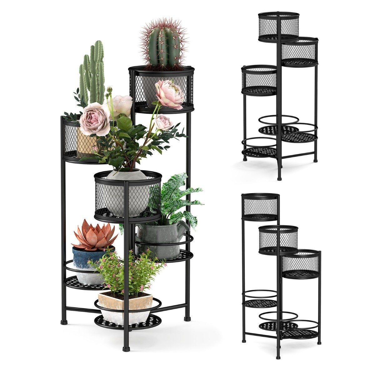 Supporto per Piante Pieghevole, Portavasi in Metallo a 6 Livelli, Contiene 6 Vasi di Piante in Vaso, Espositore per Piante Decorativo Oro/Nero, Supporto per Piante ad Angolo Alto da Giardino, Angolo