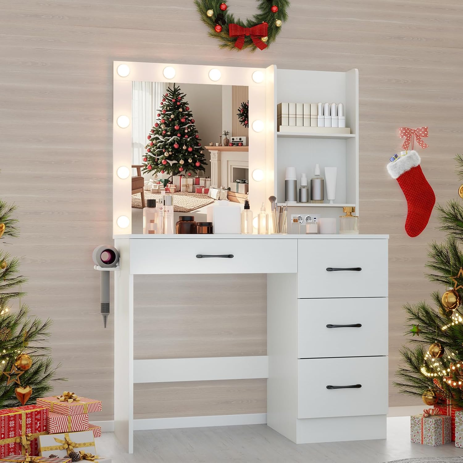 Toeletta Con Specchio LED E Tavolino Laterale – 4 Cassetti, 6 Ripiani, Luci Regolabili, Struttura In MDF, Maniglia Argento, Bianca