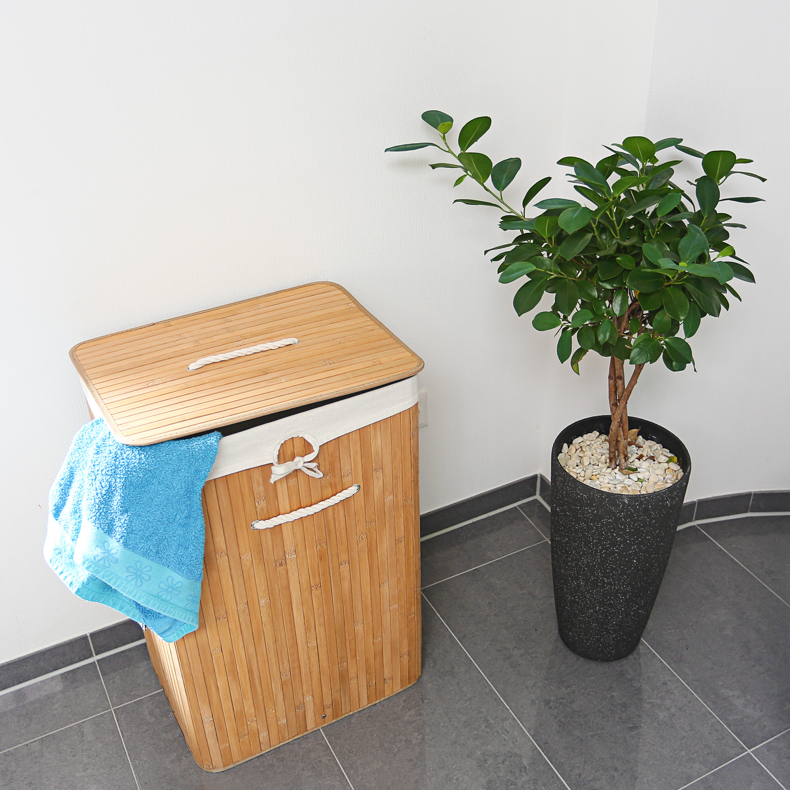 Panier à linge bambou, corbeille linge pliante, 83L, sac intérieur coton, 65,5 x 43,5 x 33,5 cm, nature, Relaxdays - 2