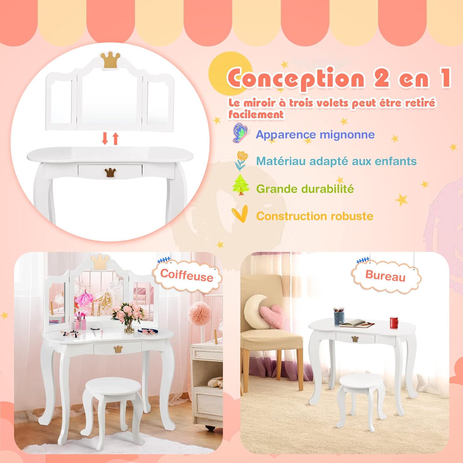 Coiffeuse Avec Miroir Et Tabouret Pour Enfants - Marque Costway - Dimensions 105x34x70 Cm - Neuf à Monter
