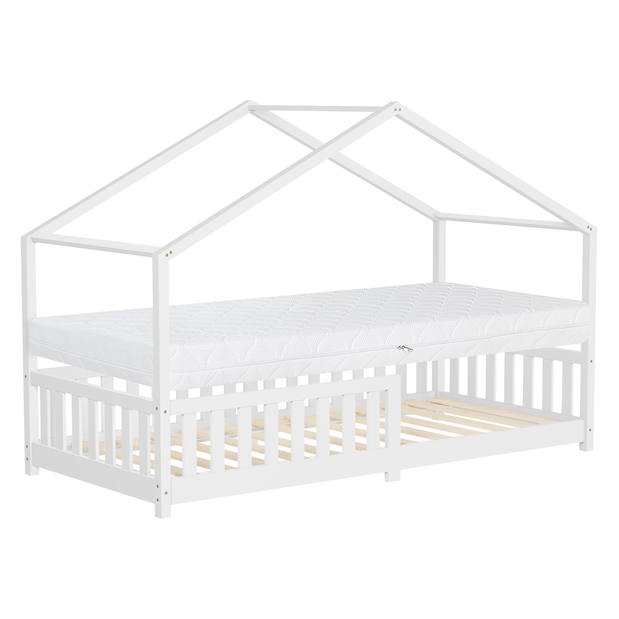 ML-Design łóżko dziecięce domek 90x200 cm biały drewniane z materacem wys:16 cm i barierką ochronną Montessori łóżko do zabawy