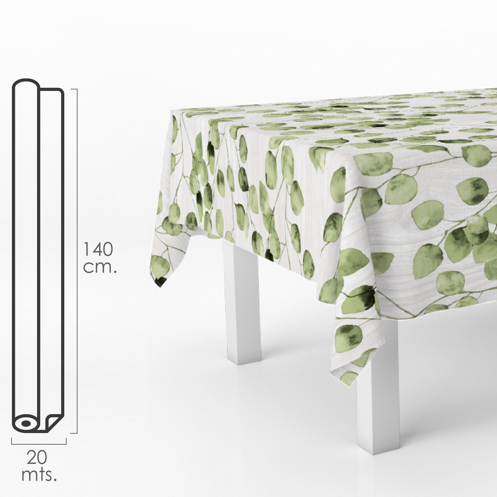 Mantel hule rectangular hojas verdes. impermeable antimanchas pvc 140 cm. x 20 metros. rollo recortable. interior y exterior